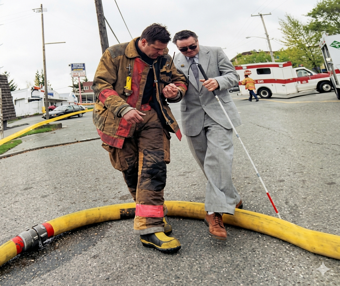Troy Gamble as a Seattle Firefighter helping a blind man cross the street
