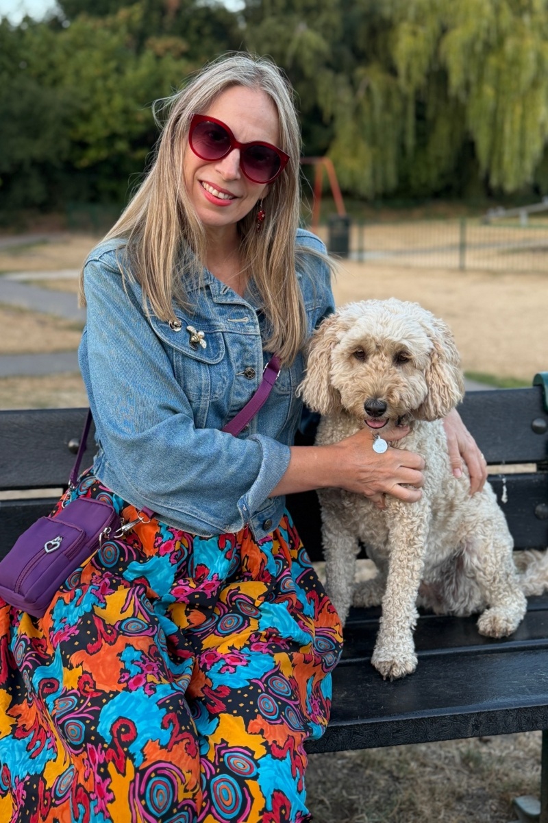 finding your personal style in midlife lifestyle dog walk bright skirt amanda waterstone