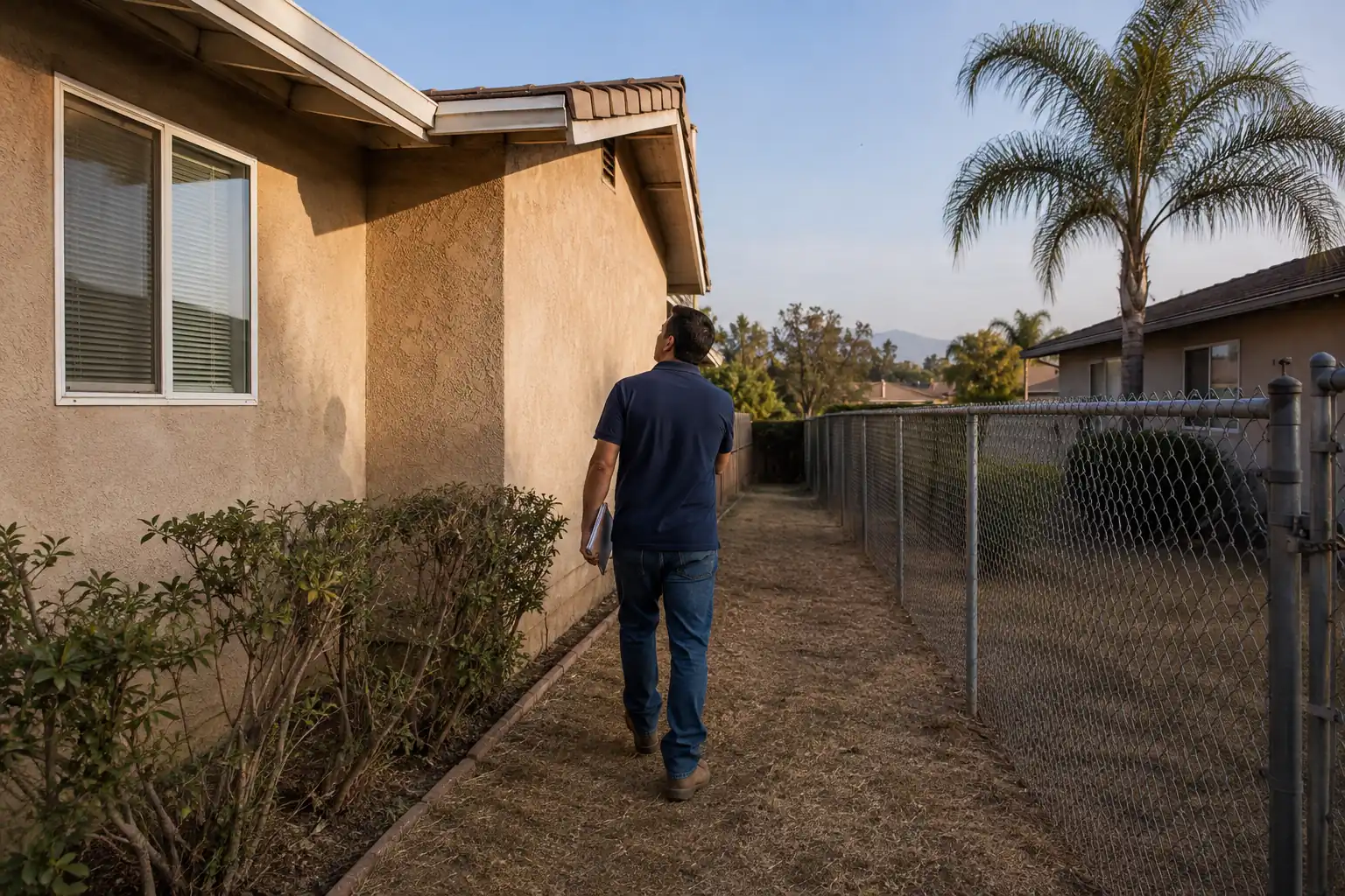 Inland Home Buyer team member walking the side yard of a stucco home with a clipboard