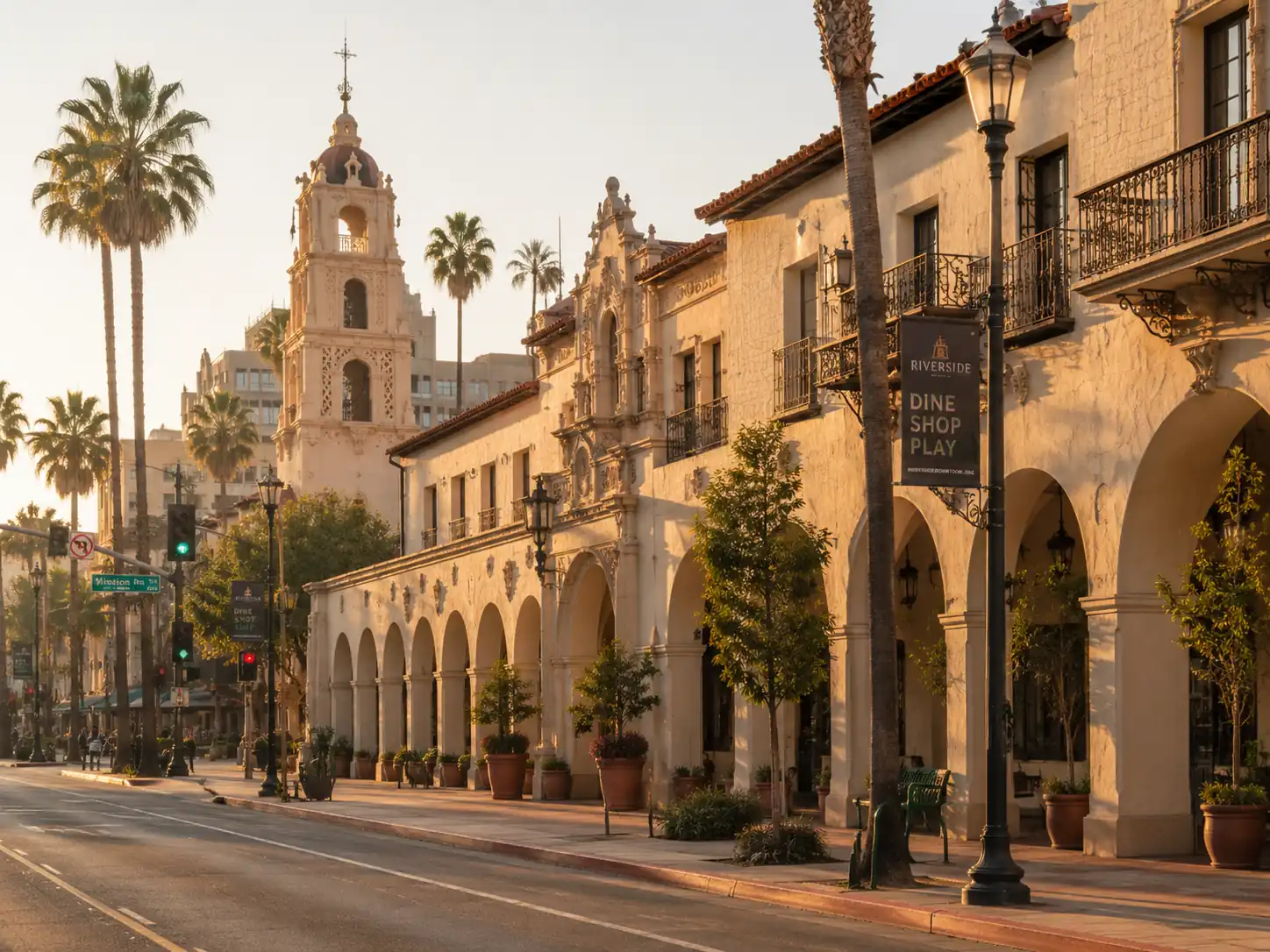 Spanish Colonial Revival arcades and a bell tower on Mission Inn Avenue in downtown Riverside, CA at golden hour