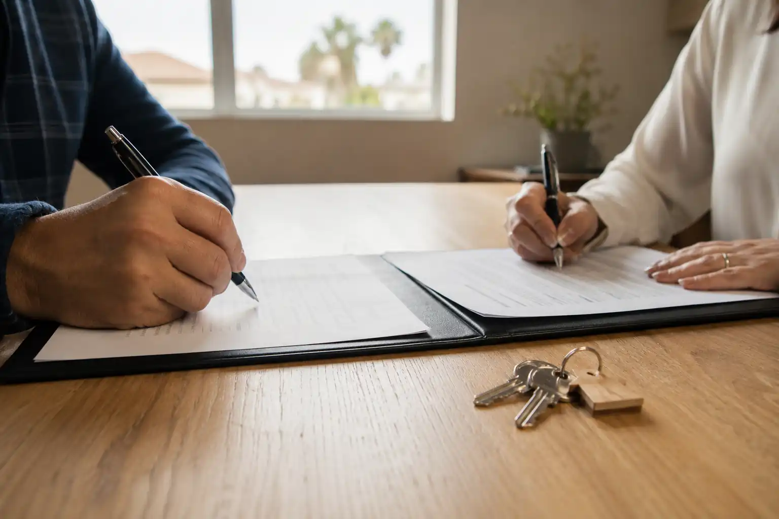 Two people signing closing documents at a table with house keys beside the paperwork