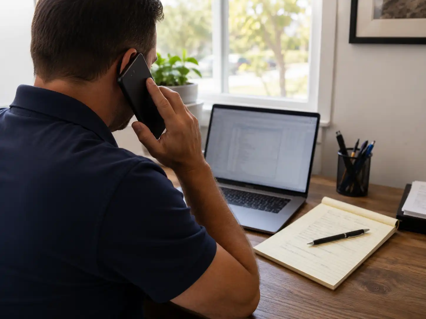 Inland Home Buyer team member on the phone with a seller, taking notes