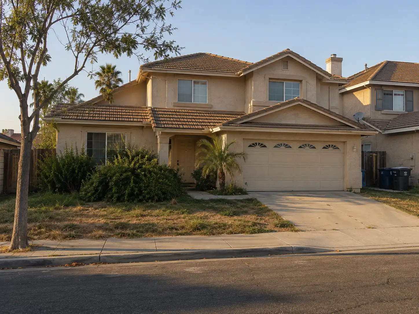 1990s two-story home with an overgrown front yard in Moreno Valley, CA