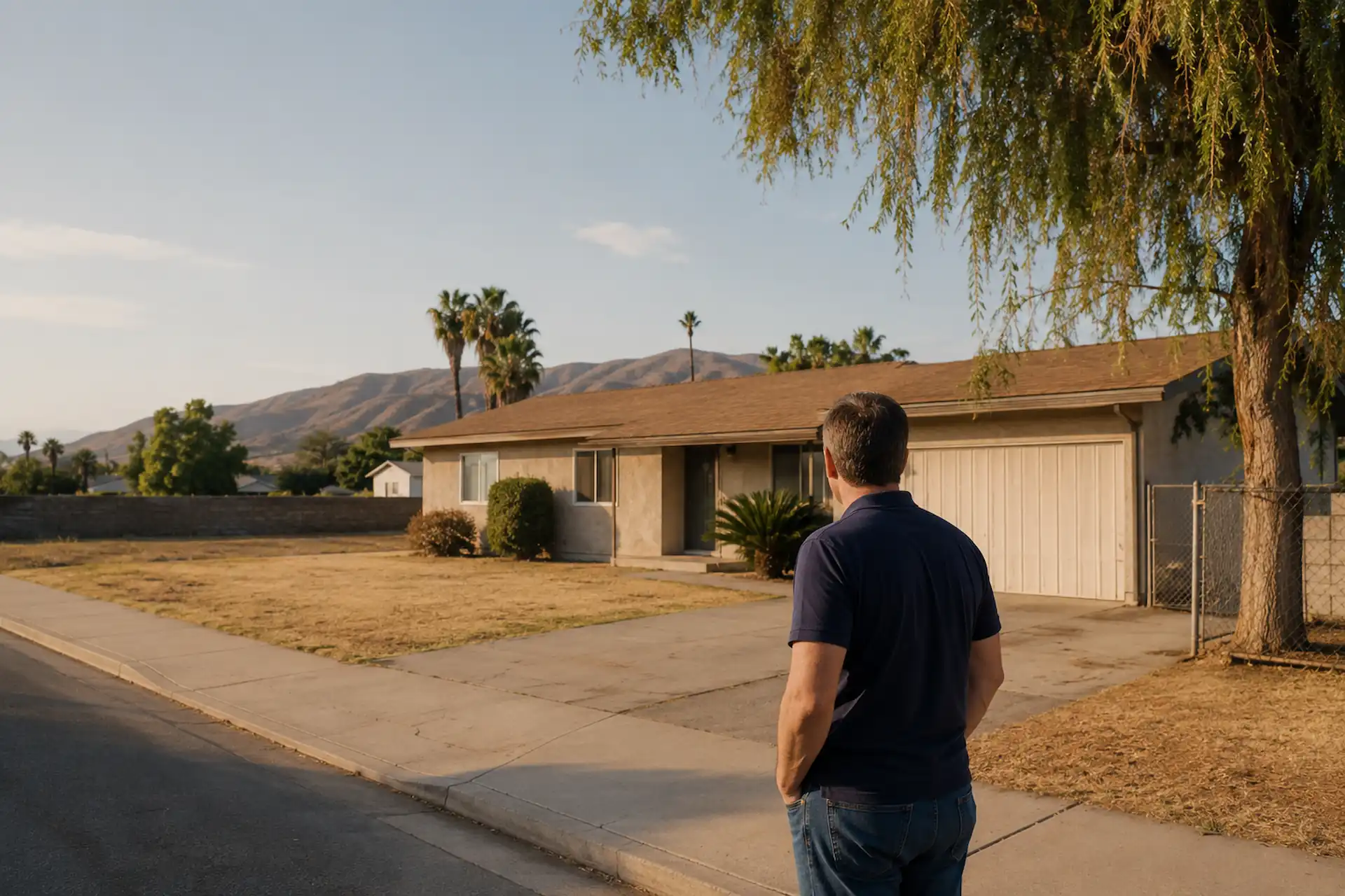 A member of the Inland Home Buyer team looking at a single-story stucco home in Riverside, CA