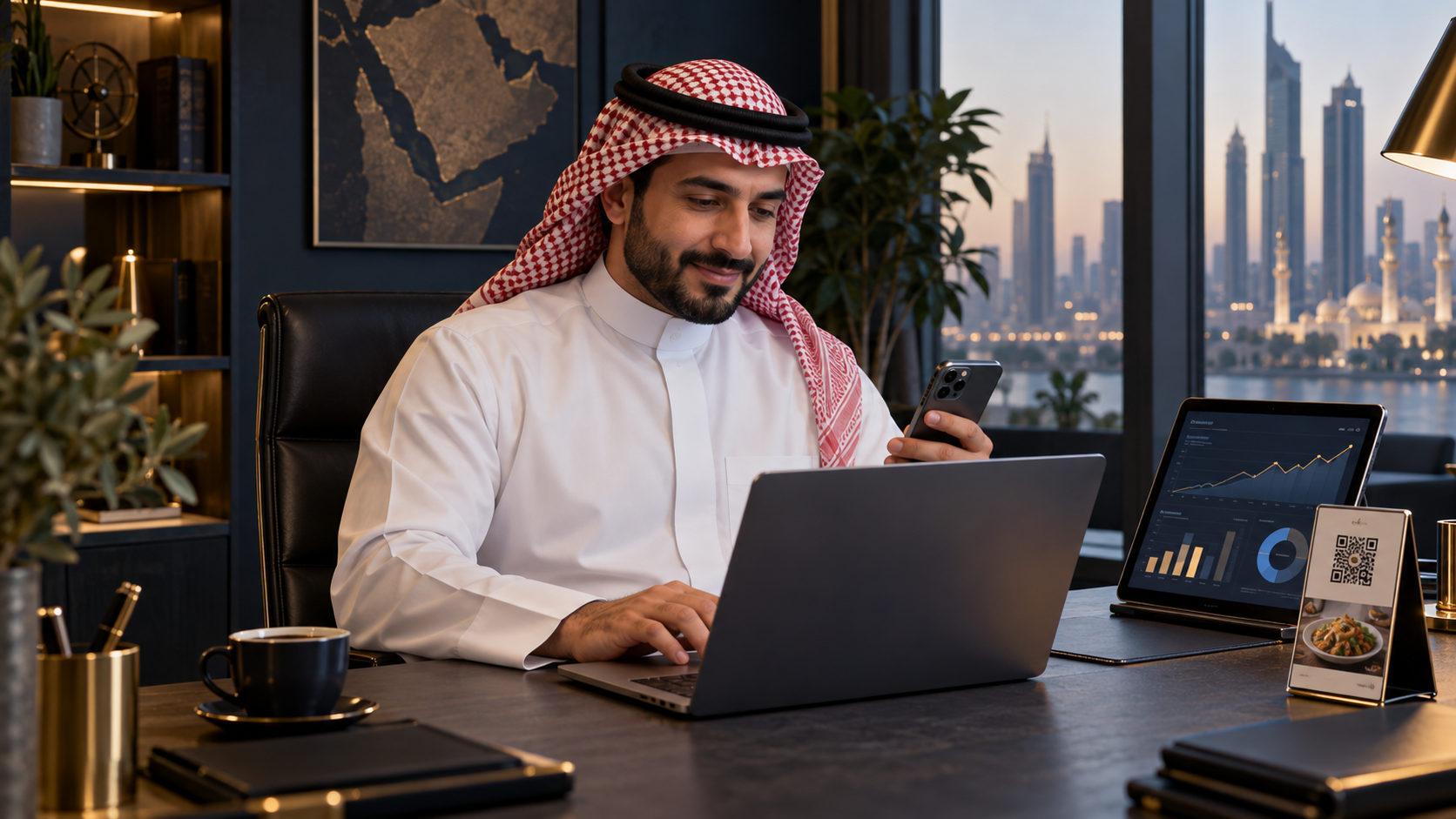 صاحب عمل عربي يستخدم موقعاً إلكترونياً وتقارير إعلانية وحلول QR للنمو الرقمي