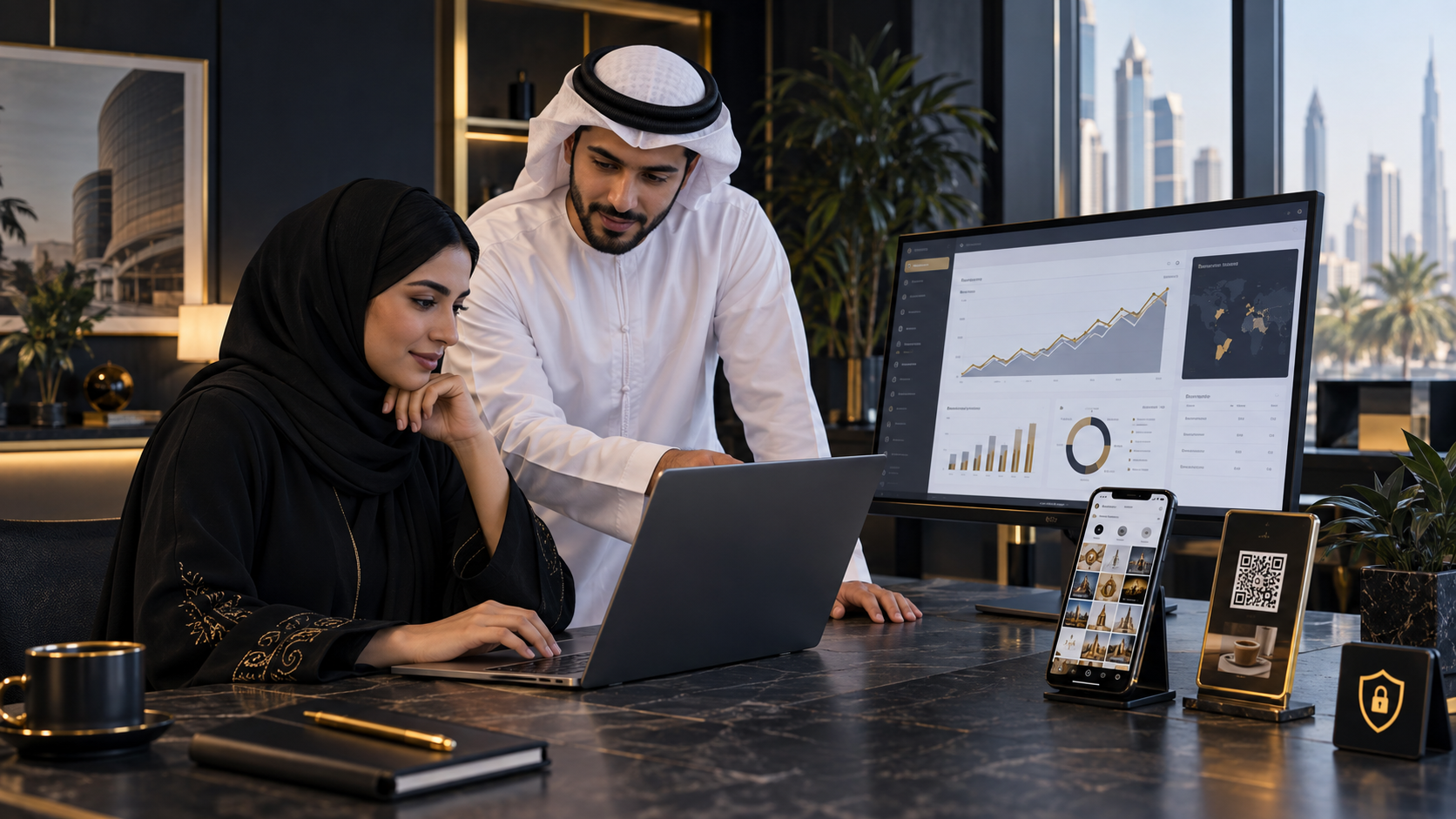 فريق أعمال عربي يستخدم موقعًا إلكترونيًا وإعلانات رقمية وإدارة تواصل وحلول QR