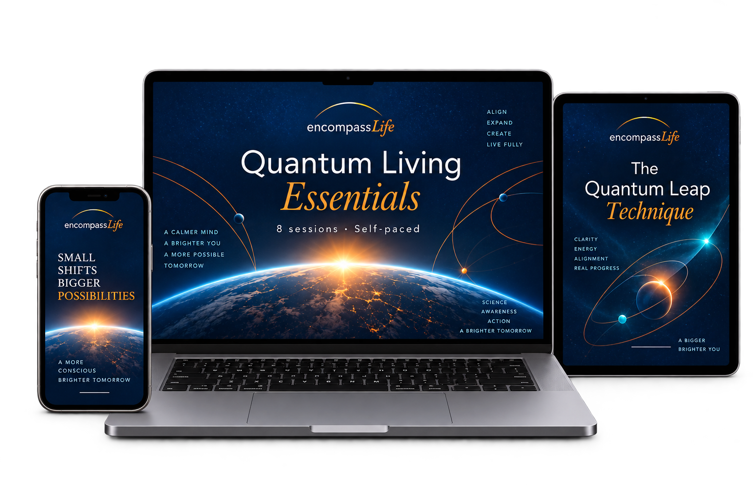 Quantum Living Essentials course shown on laptop, tablet, and phone