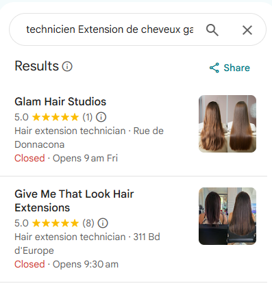 Recherche « technicien extension de cheveux gatineau » : Glam Hair Studios en 1ᵉ position sur Google