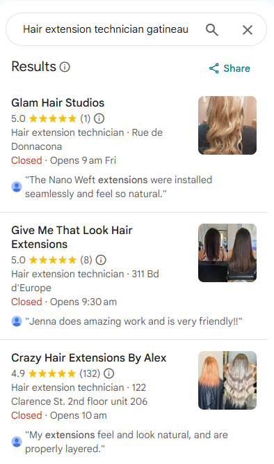 Recherche « hair extension technician gatineau » : Glam Hair Studios en 1ᵉ position sur Google