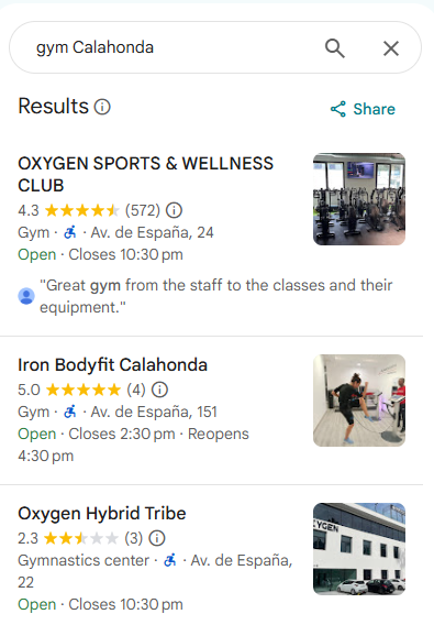 Recherche « gym Calahonda » : Iron Bodyfit Calahonda dans le top 3 sur Google