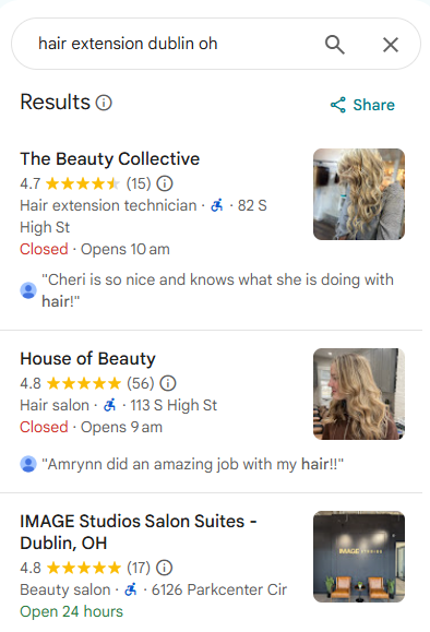 Recherche « hair extension dublin oh » : The Beauty Collective en 1ᵉ position sur Google
