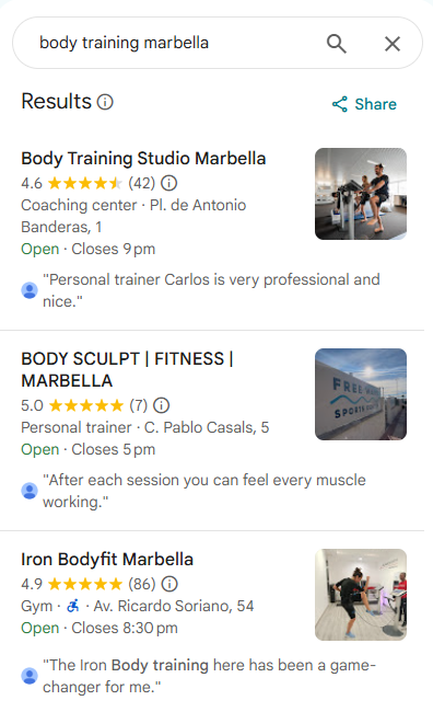 Recherche « body training marbella » : Iron Bodyfit Marbella dans le top 3 sur Google