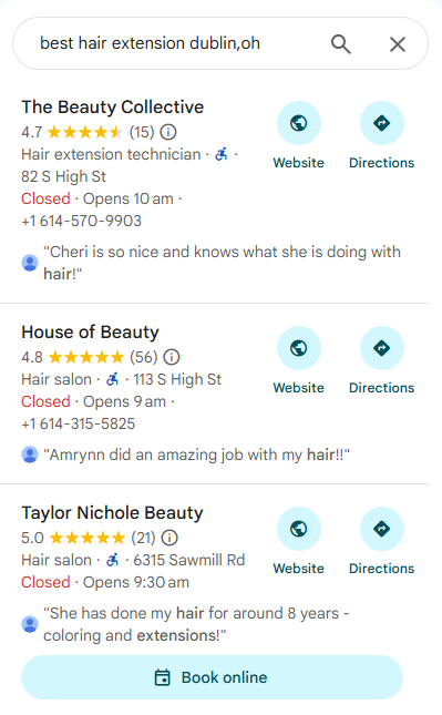 Recherche « best hair extension dublin oh » : The Beauty Collective en 1ᵉ position sur Google