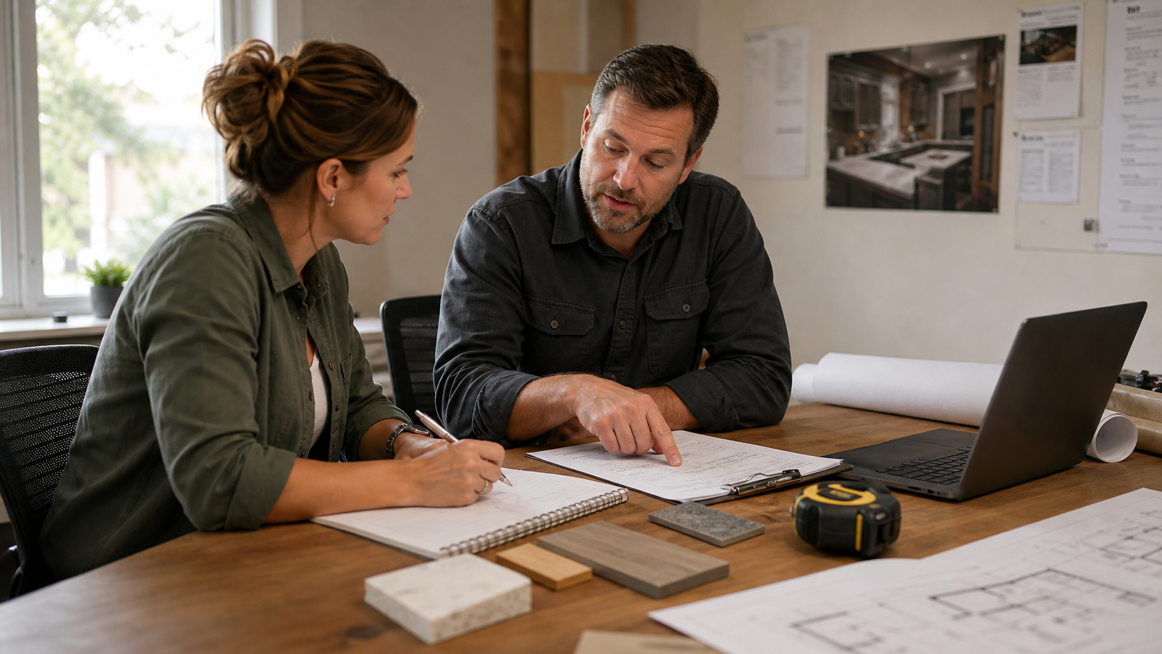 Contractor Estimate Intake Discussion Home service contractor and office coordinator reviewing estimate paperwork at a desk with plans, tools, and material samples.