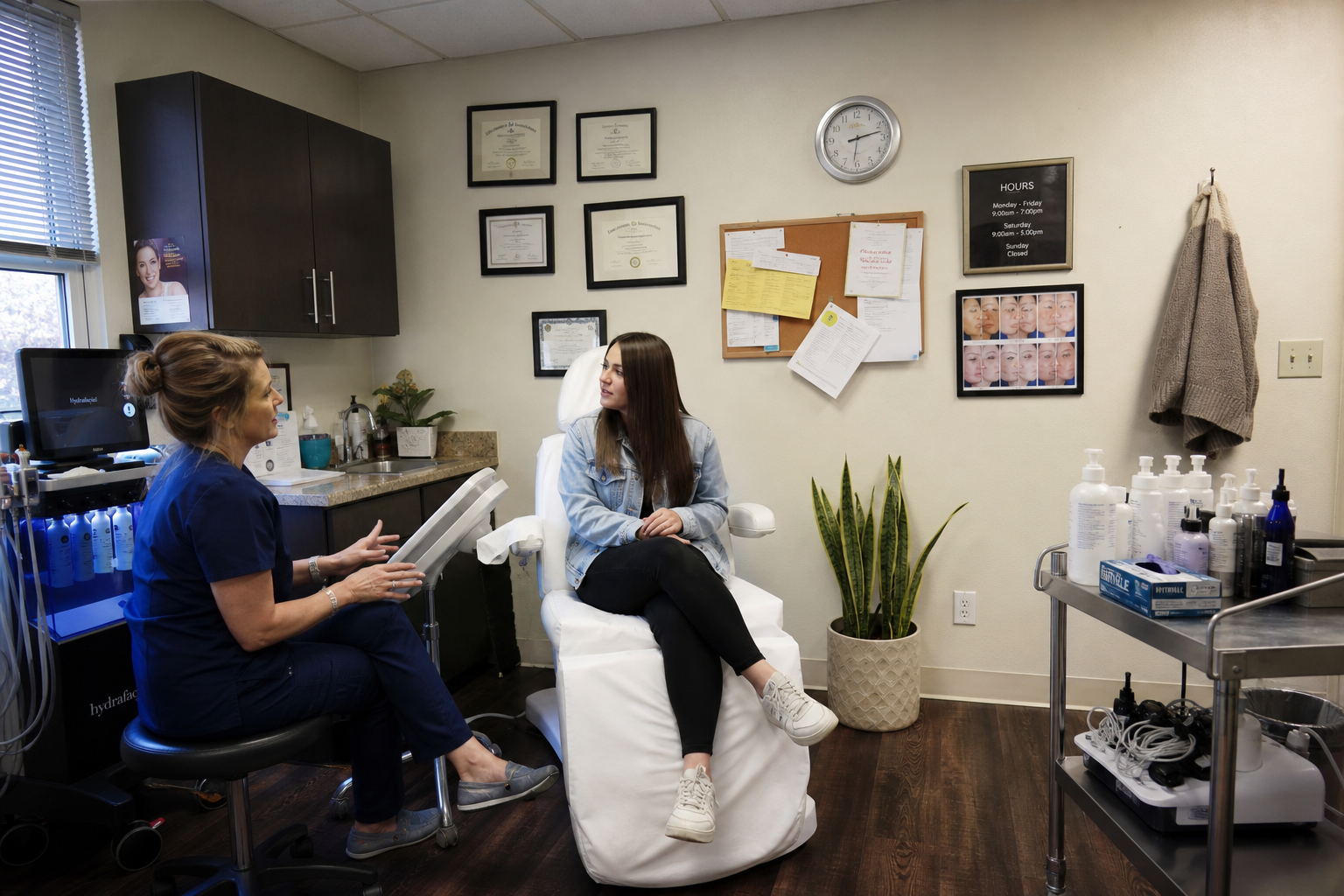 Med spa consultation in a treatment room with HydraFacial equipment, framed licenses, and a client in street clothes.