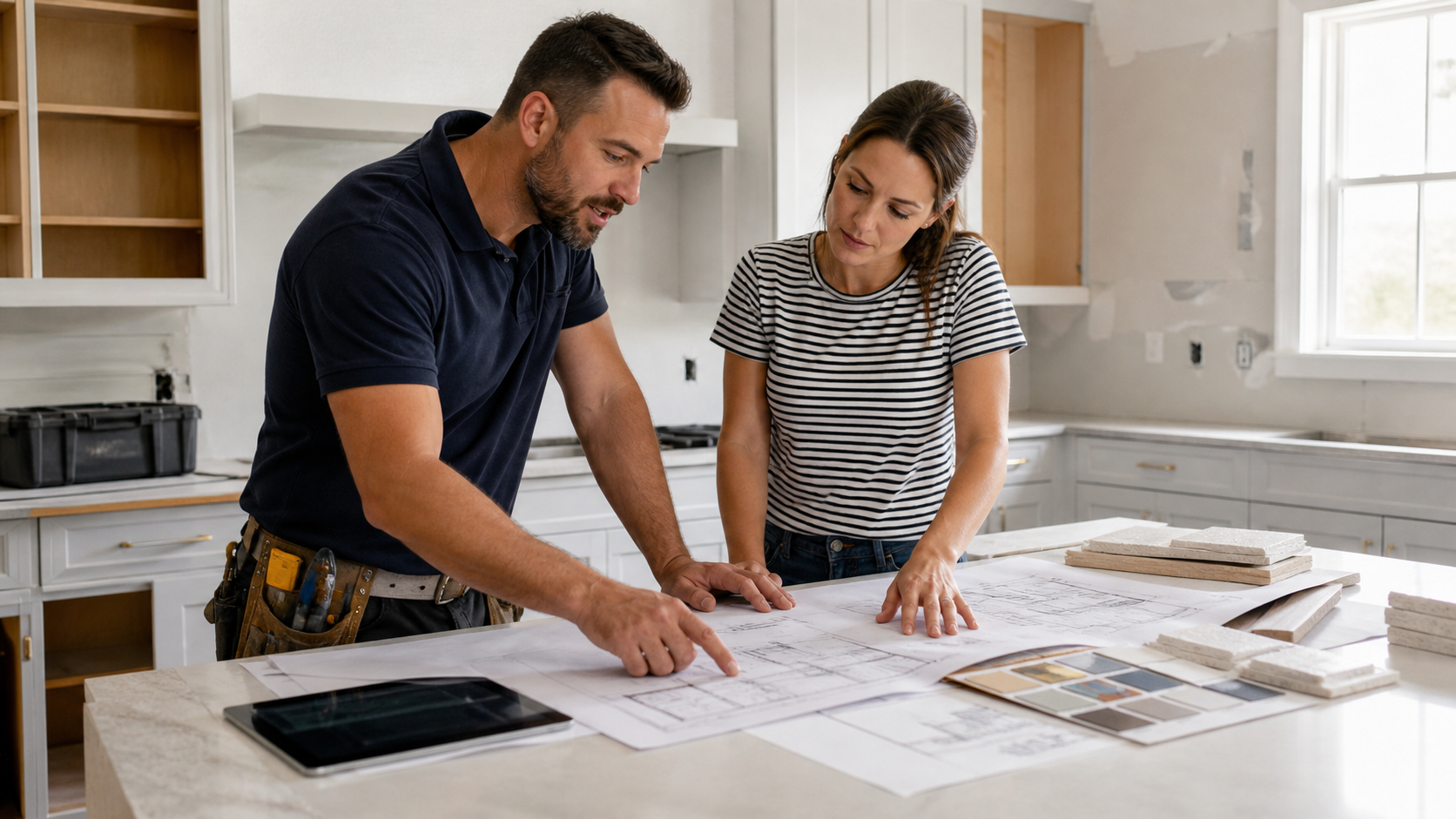 Remodeling Lead Planning Discussion Contractor and homeowner reviewing renovation plans and material samples at a table.
