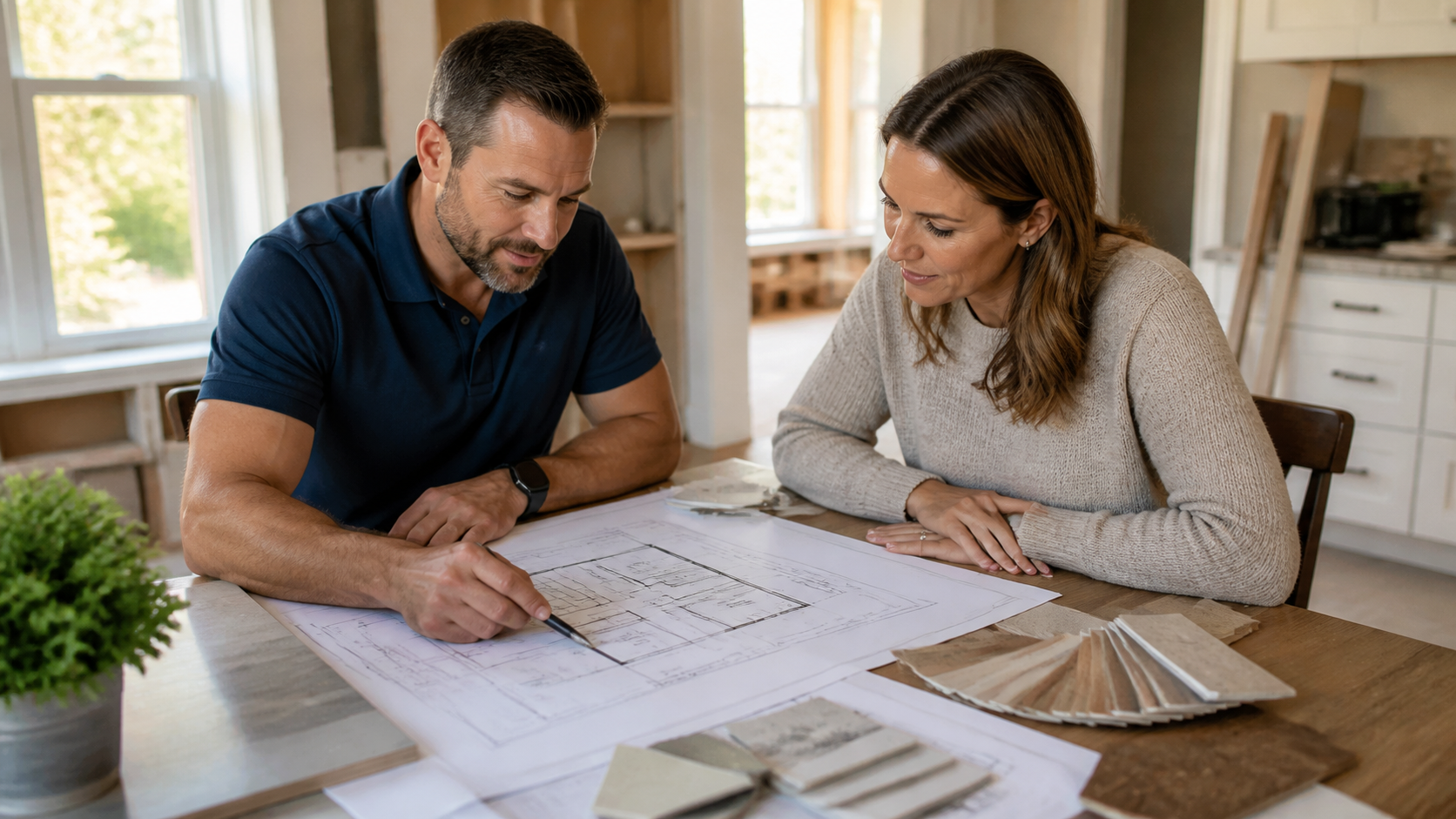 Contractor Plan Review Contractor and team member reviewing renovation plans in a professional planning setting.