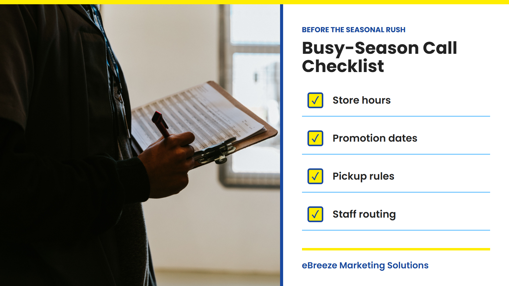 Operations employee reviewing a clipboard beside a busy-season call checklist for hours, promotions, pickup, and staff routing. Operations employee reviewing a clipboard beside a busy-season call checklist for hours, promotions, pickup, and staff routing.