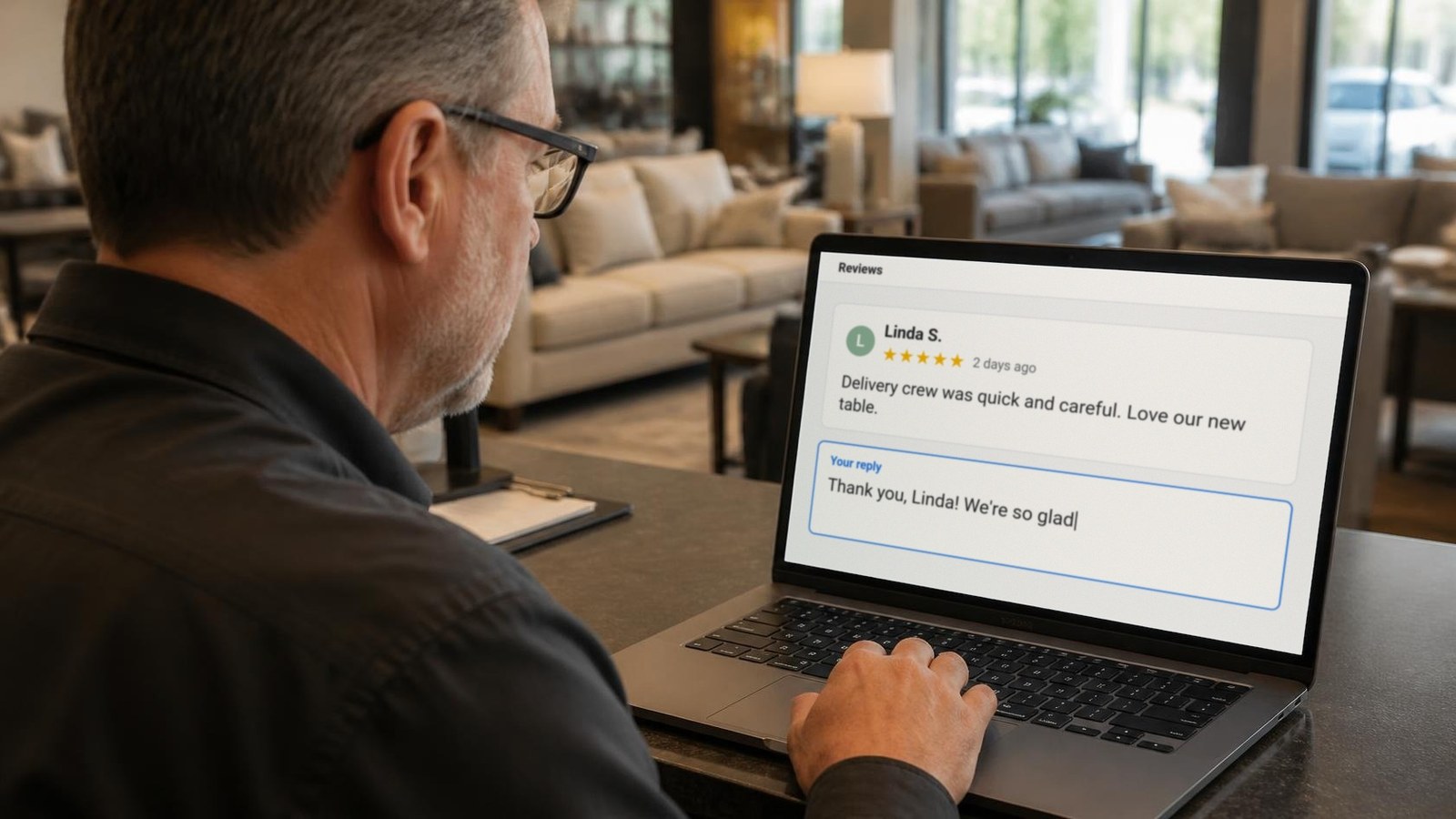 A furniture store owner at the sales counter types a reply to a customer review on his laptop.