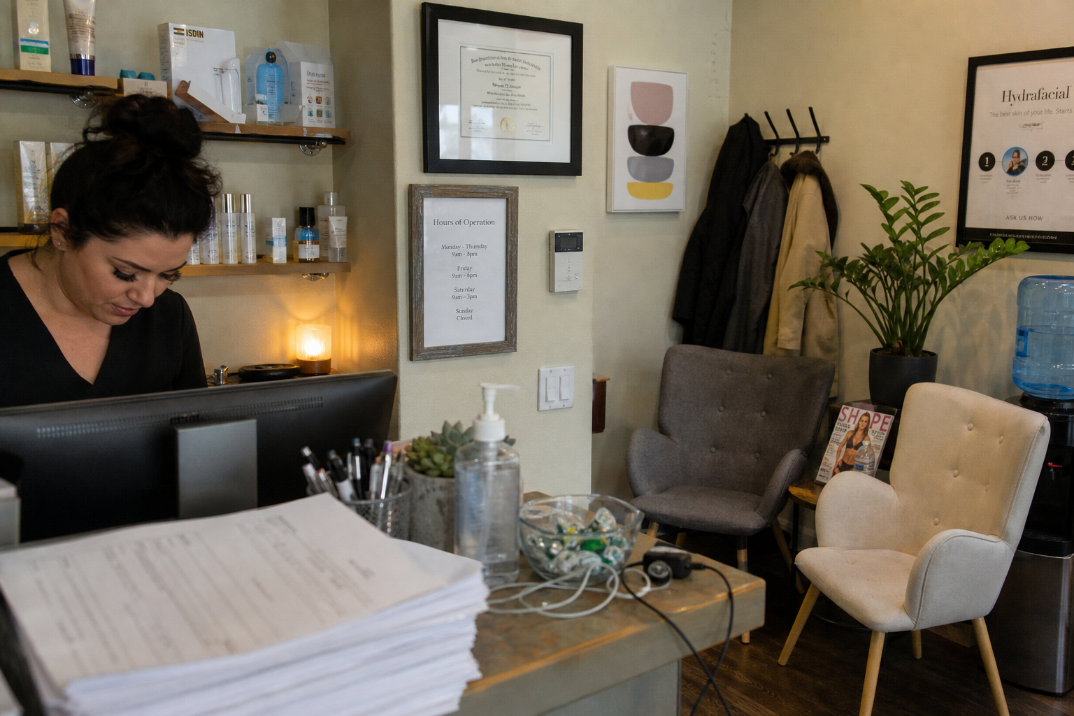 Med spa front desk and waiting area with product shelves, intake packets, and mismatched chairs.