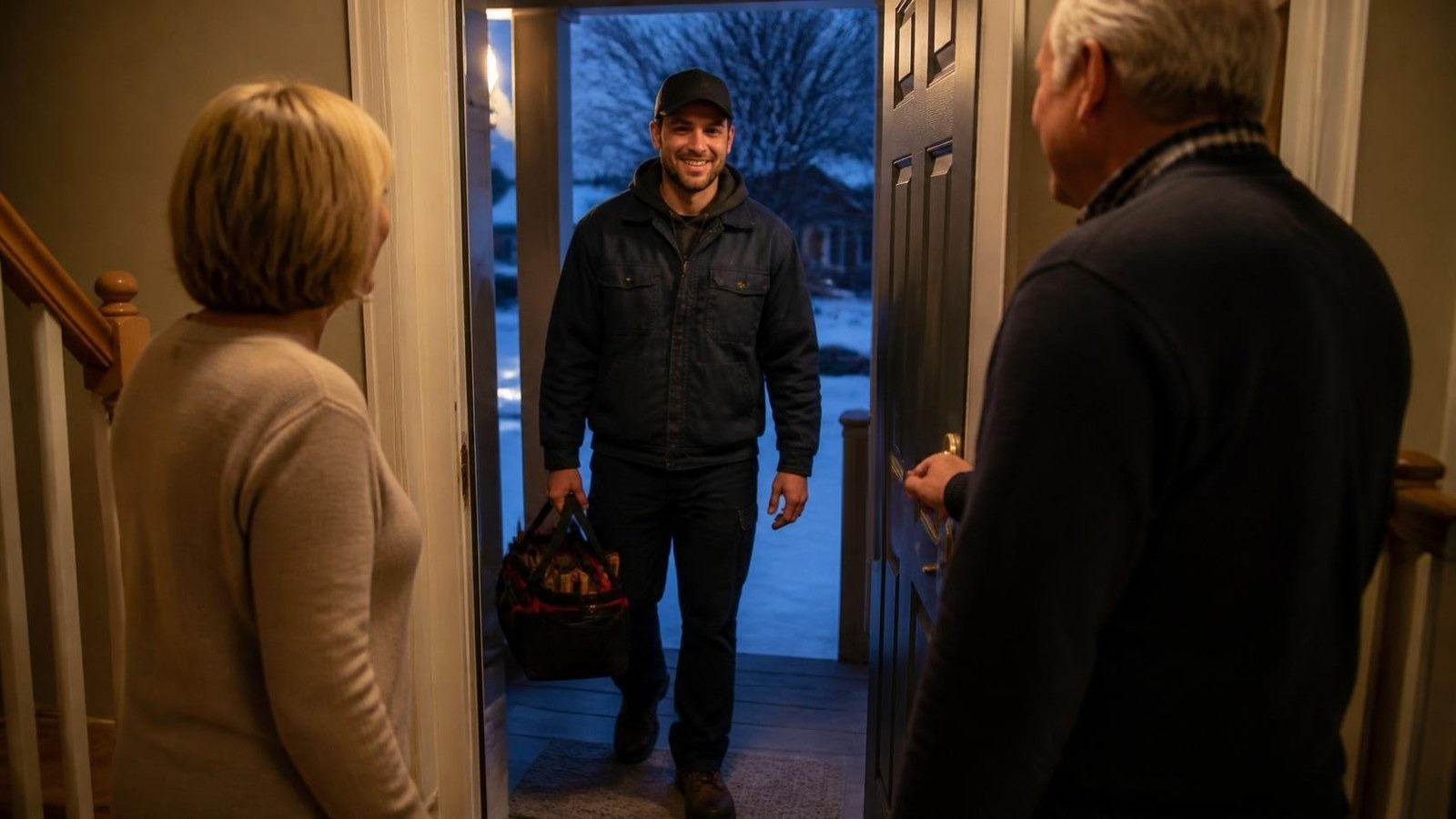 HVAC technician welcomed in on a cold night for a booked service call An older couple opens their front door on a snowy night to welcome a smiling HVAC technician carrying a tool bag.