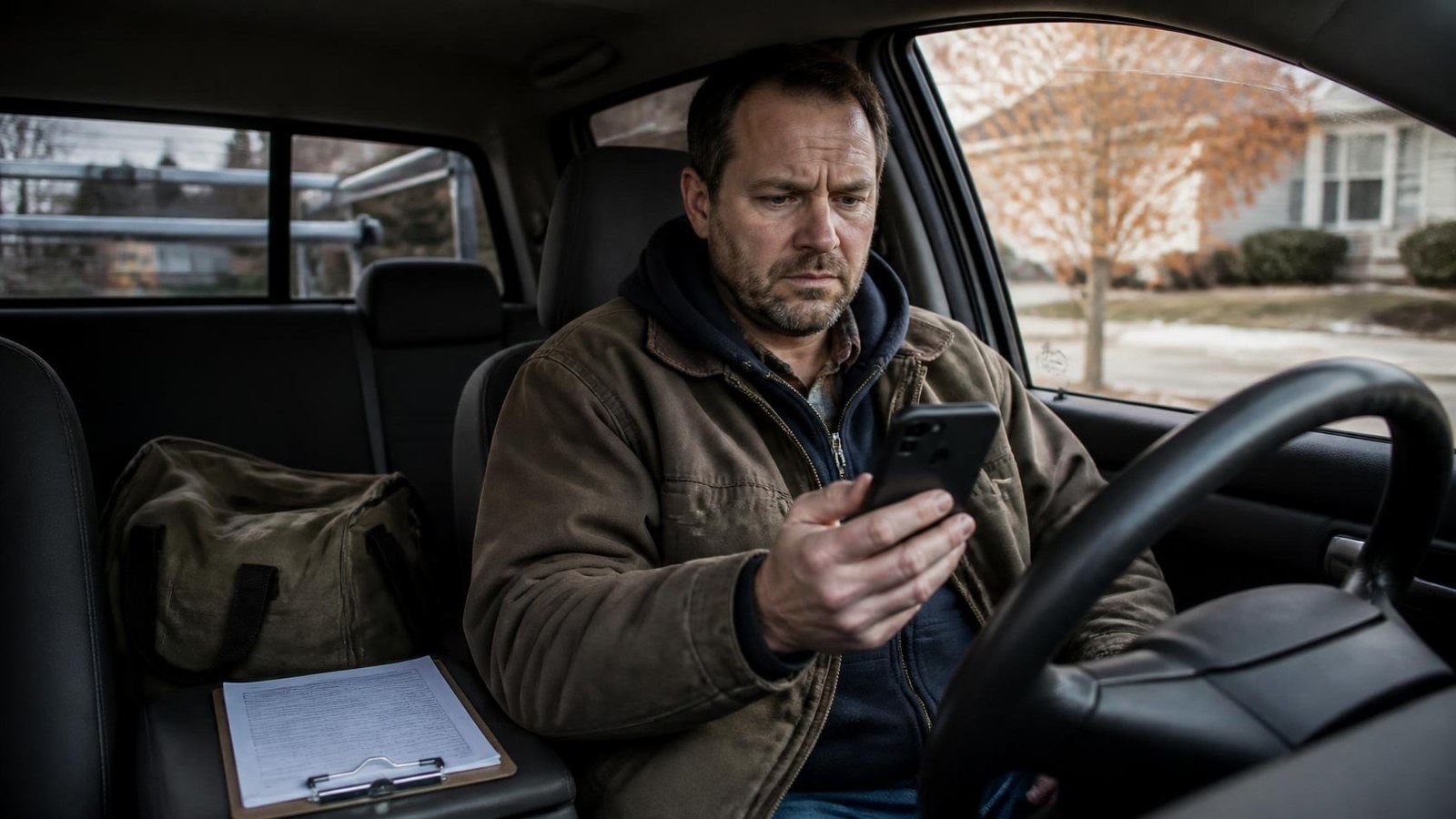 HVAC contractor checking Google Business Profile suggested edits from his truck An HVAC contractor sits in his work truck and frowns at his phone.