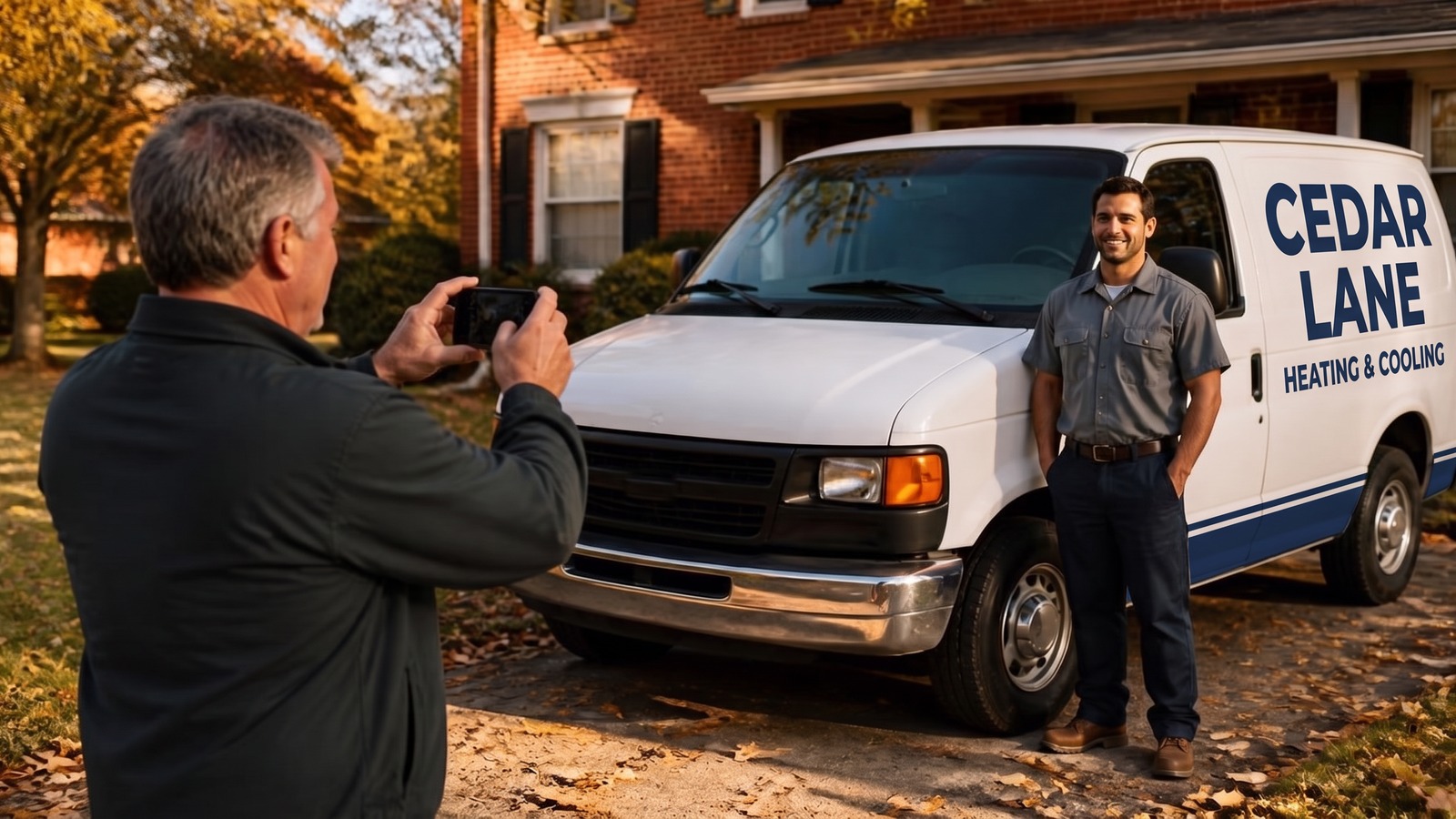 Owner taking a real photo of his tech and van for his Google Business Profile A business owner takes a phone photo of his technician standing beside a white Cedar Lane Heating & Cooling work van.