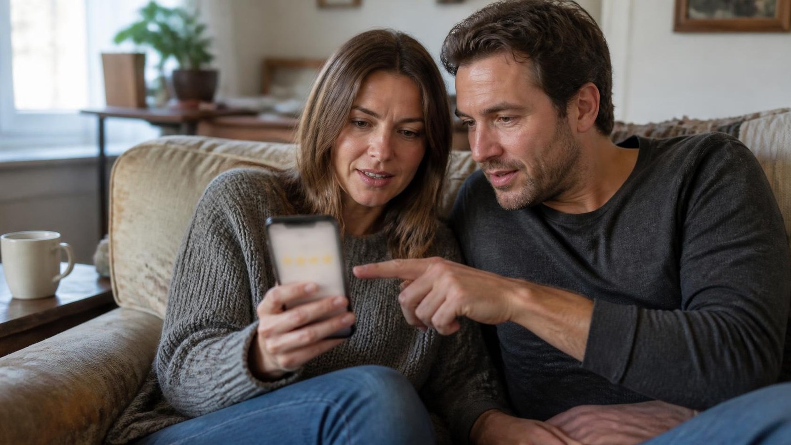 A couple on their living room couch reads furniture store reviews on a phone before picking a store to visit.
