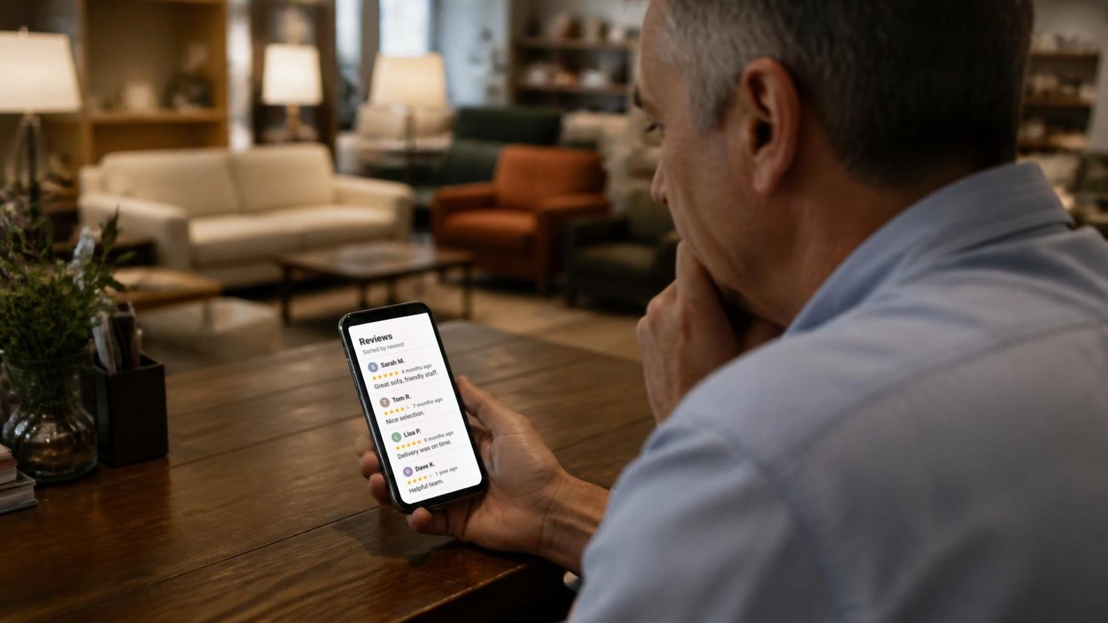 A furniture store owner in his showroom checks reviews on his phone, hand on his chin.