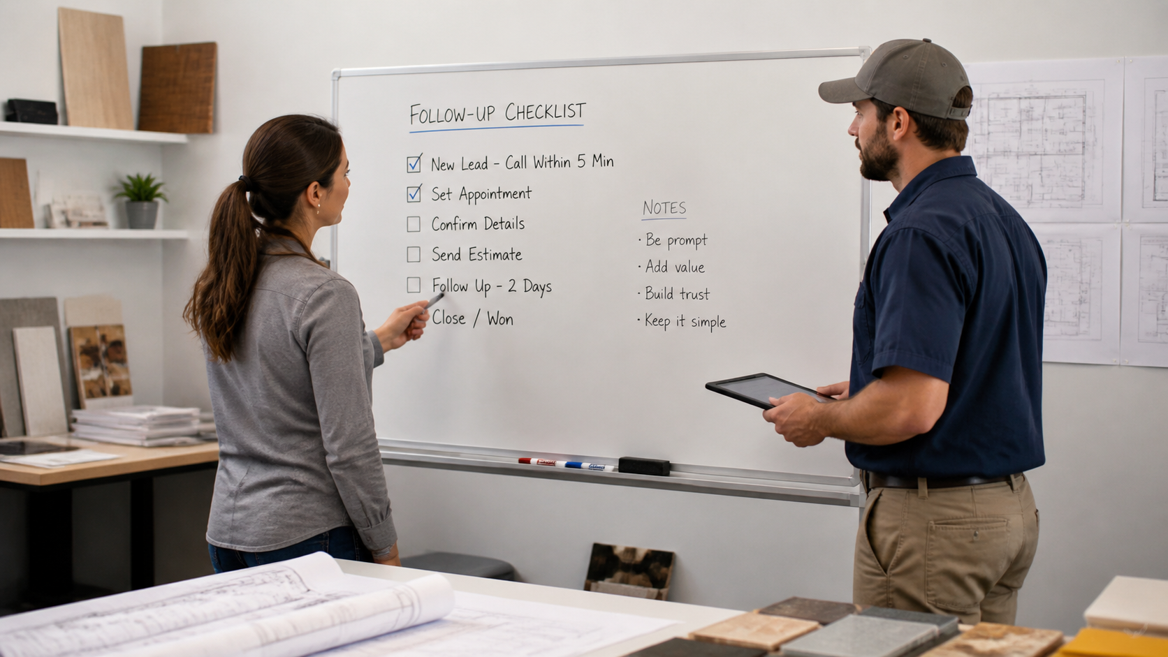 Weekly Contractor Pipeline Review Home service contractor team reviewing a simple weekly follow-up checklist on a whiteboard.
