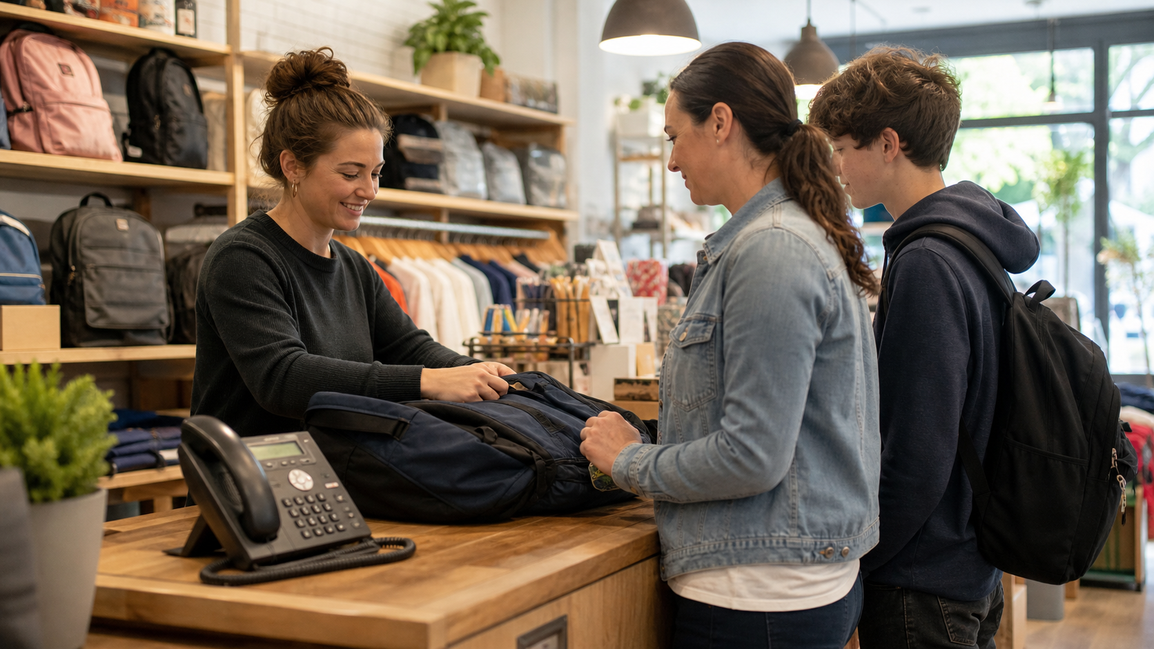 Store associate helping a parent and student at a busy local retail counter. Store associate helping a parent and student at a busy local retail counter.