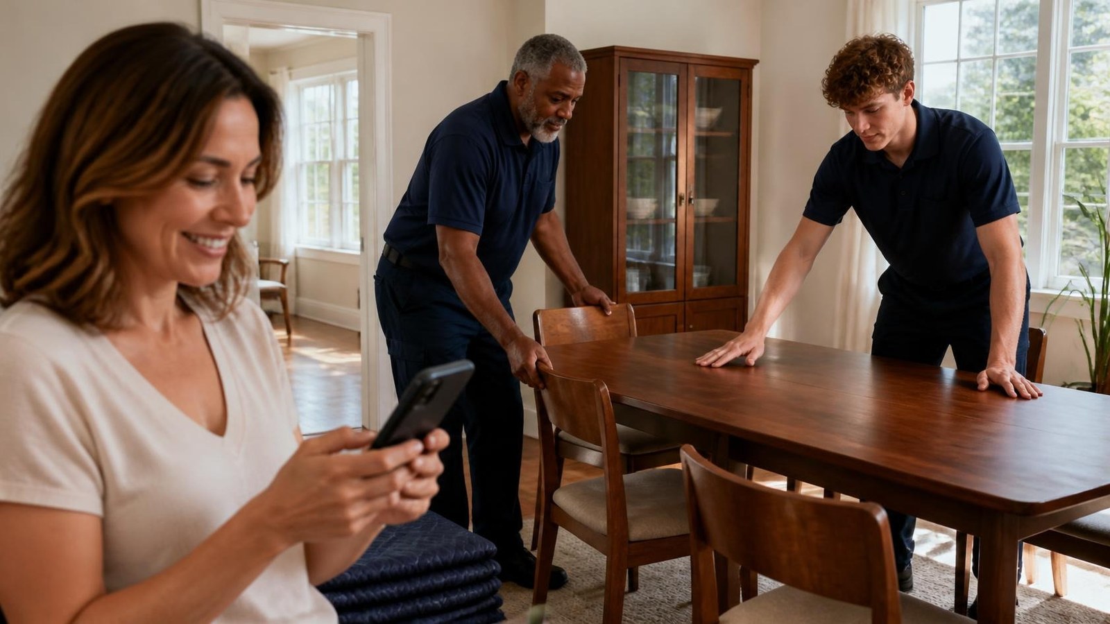 Two delivery workers finish setting up a new dining table while the smiling buyer reads a text on her phone.
