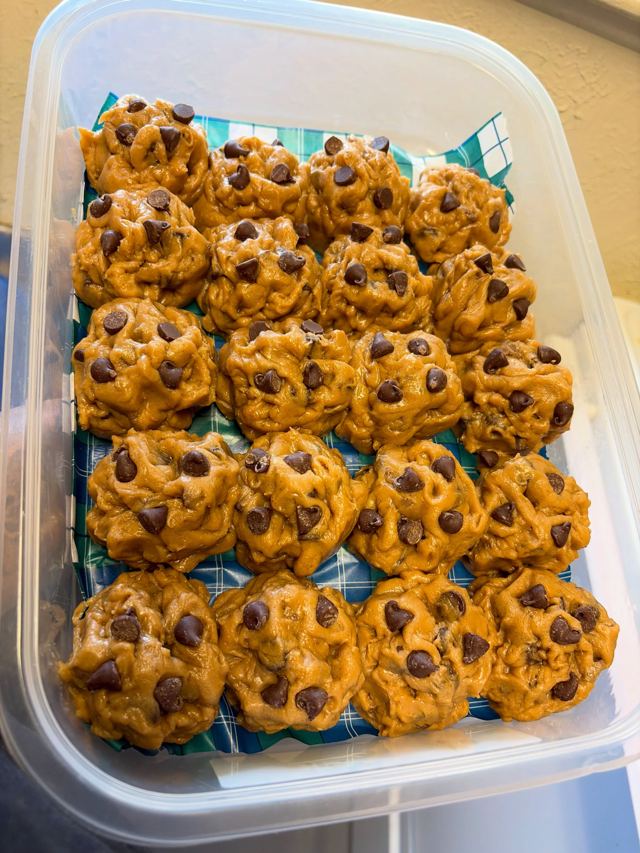 Chocolate chip cookie dough prepared for baking by Chrissy