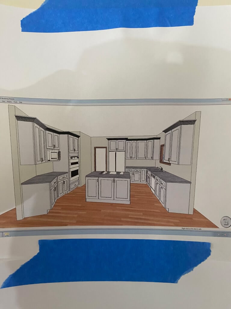 The homeowner's own 3D kitchen design rendering, taped up on site as the build reference