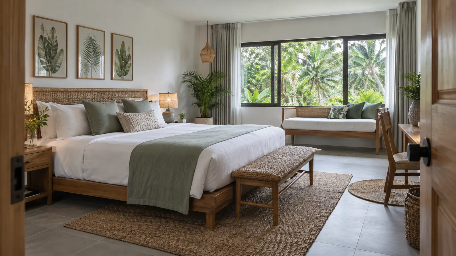 Concept family suite with woven details and a garden view