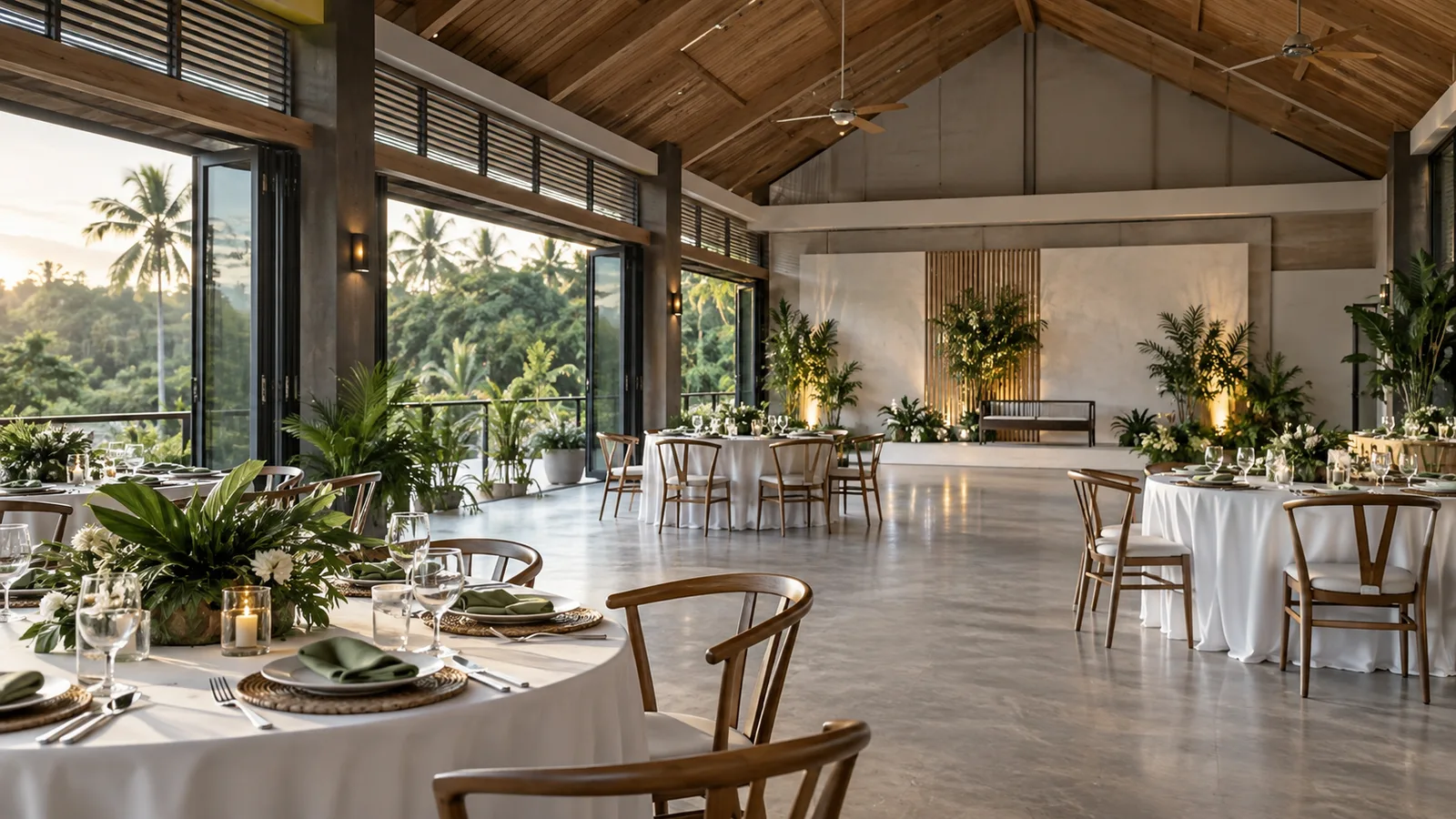 Concept tropical-modern event pavilion prepared for an intimate celebration