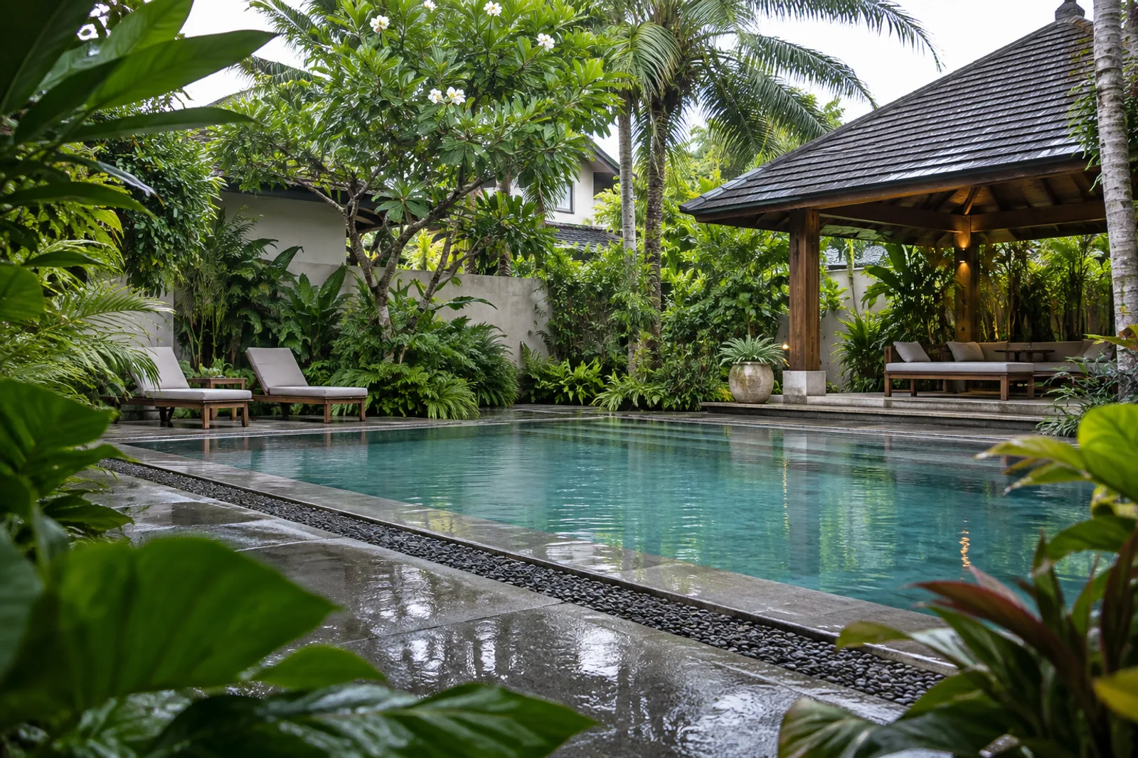 Concept garden courtyard with a modest pool and shaded pavilion