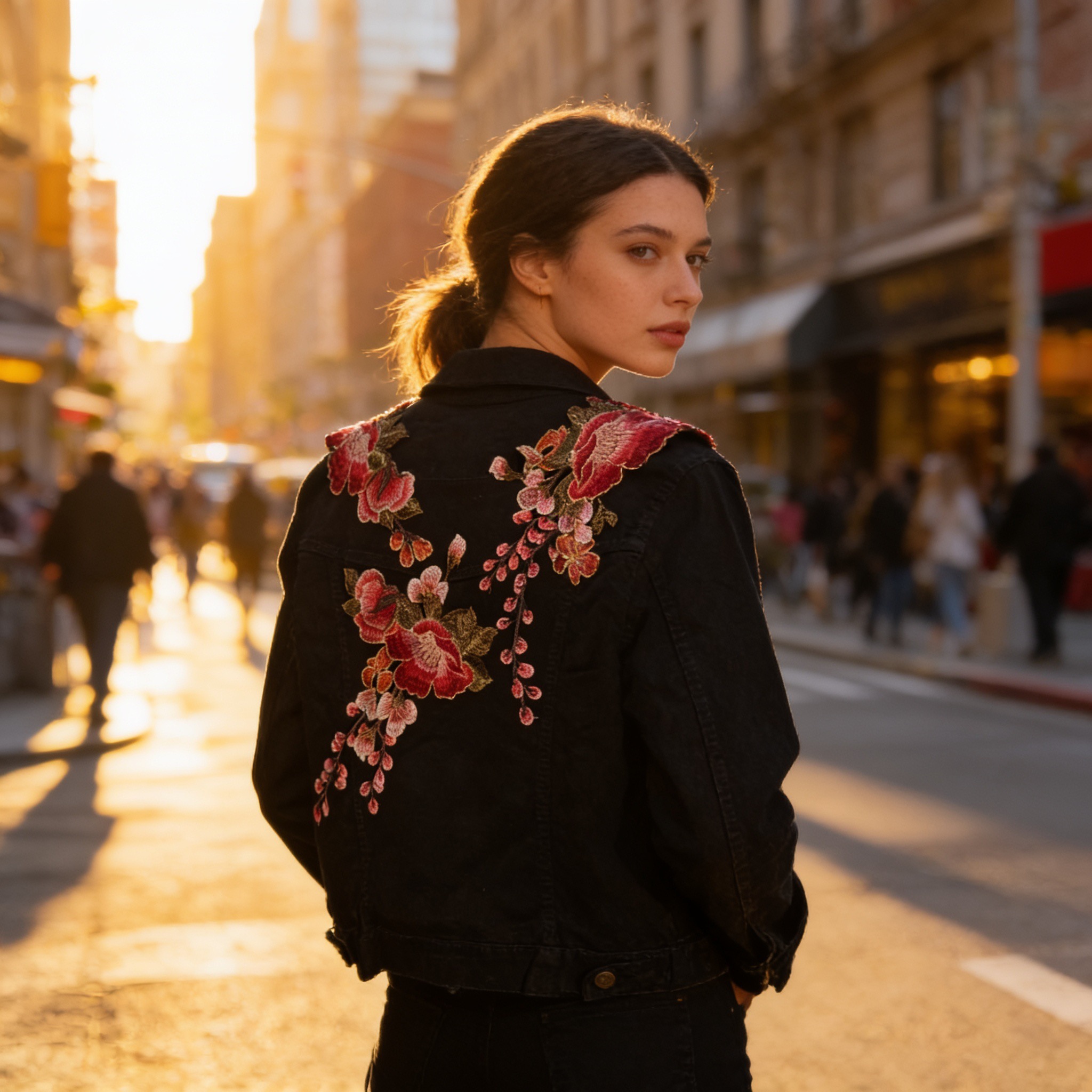Mujer de espaldas con chaqueta negra bordada con flores rojas
