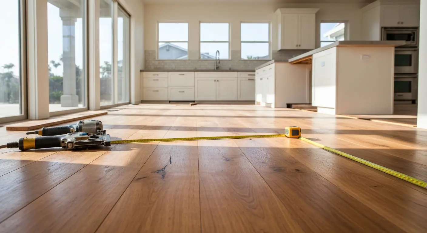 Warm hardwood flooring installation in kitchen