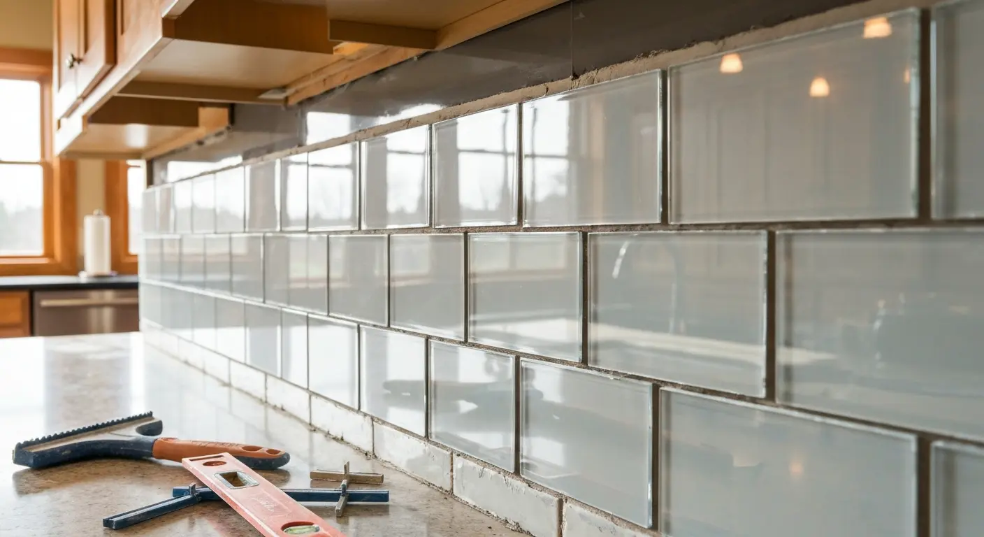 Glass tile backsplash installation