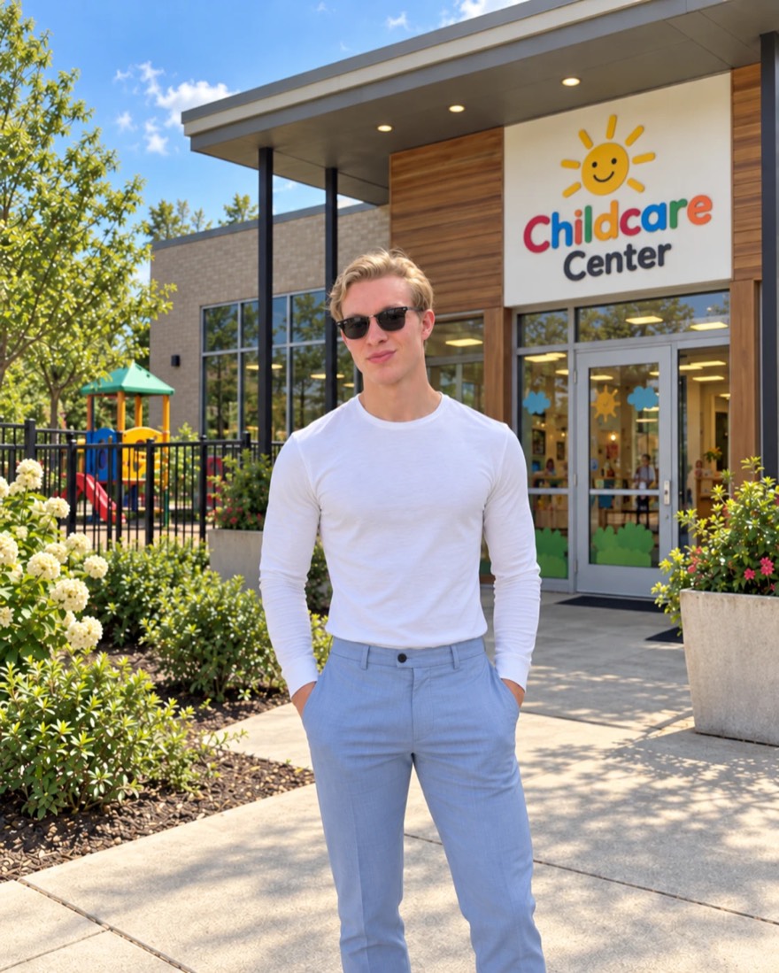 Stian, your strategist, outside a childcare center