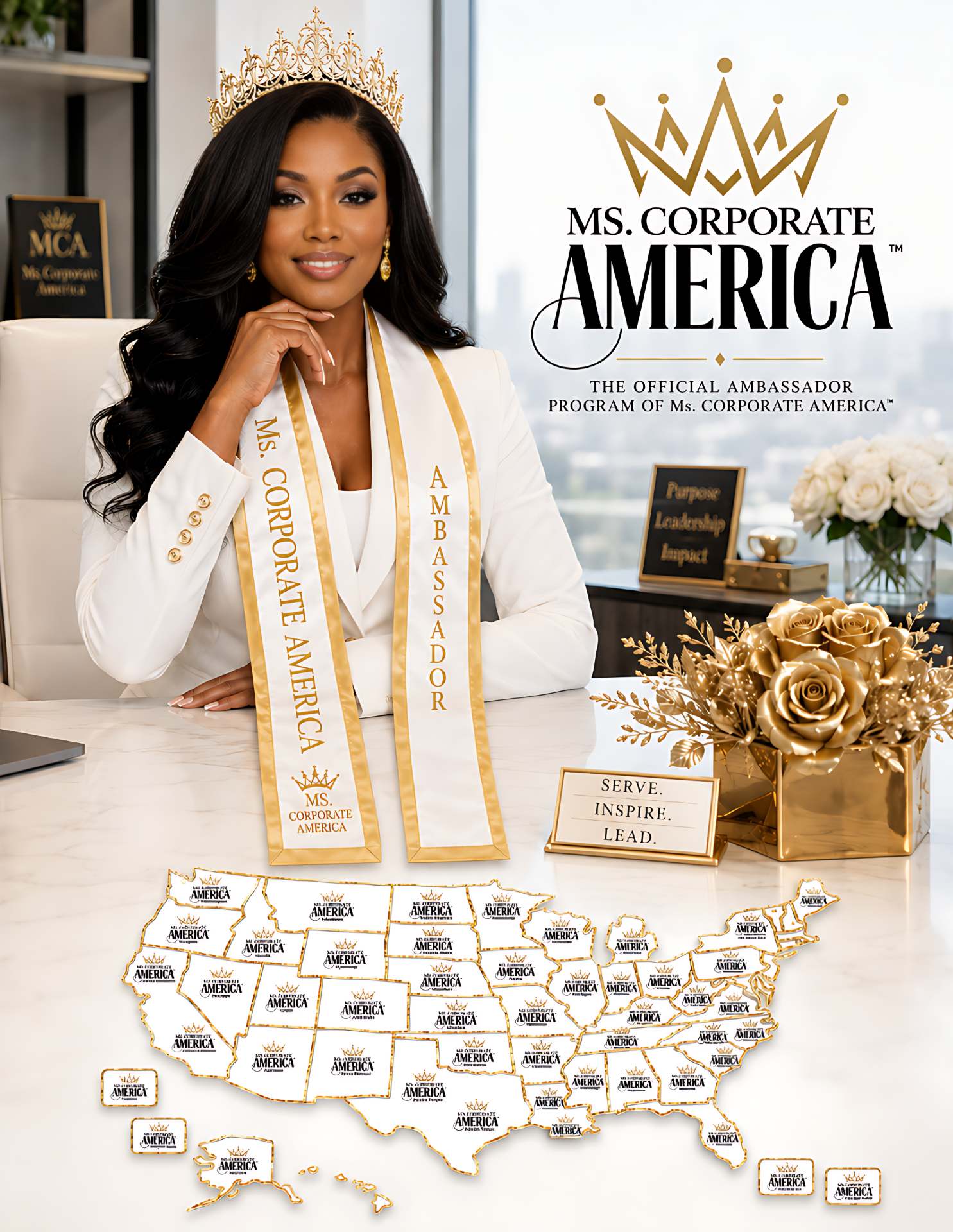 Ms. Corporate America Ambassador wearing the official gold and white Ambassador stole, with a map of the United States