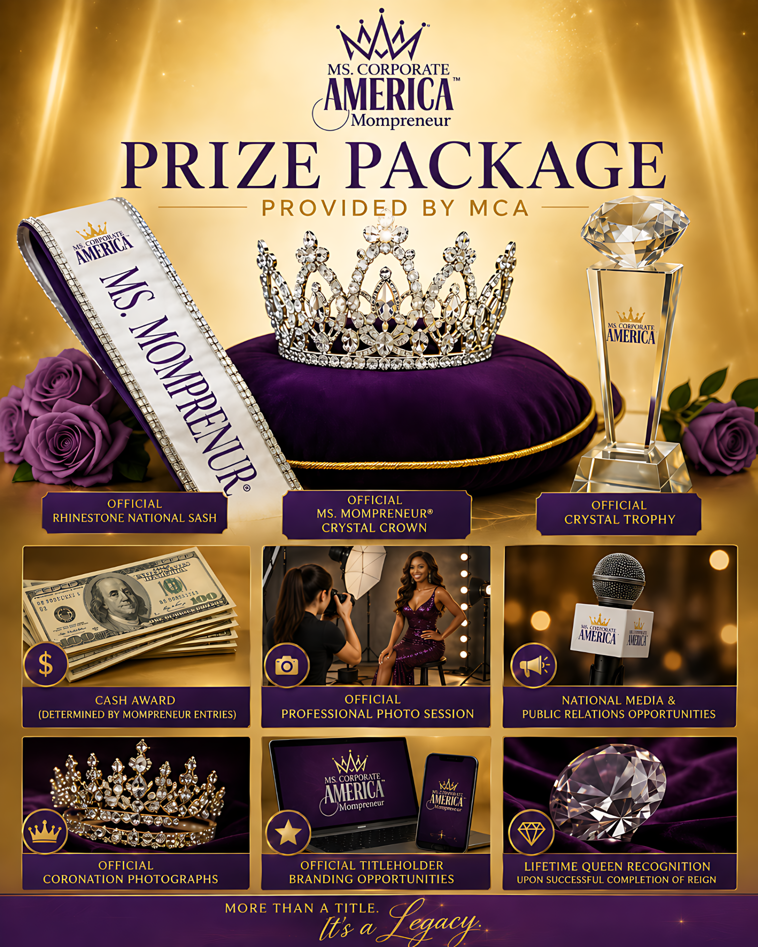 Ms. Mompreneur crystal crown, rhinestone national sash and crystal trophy