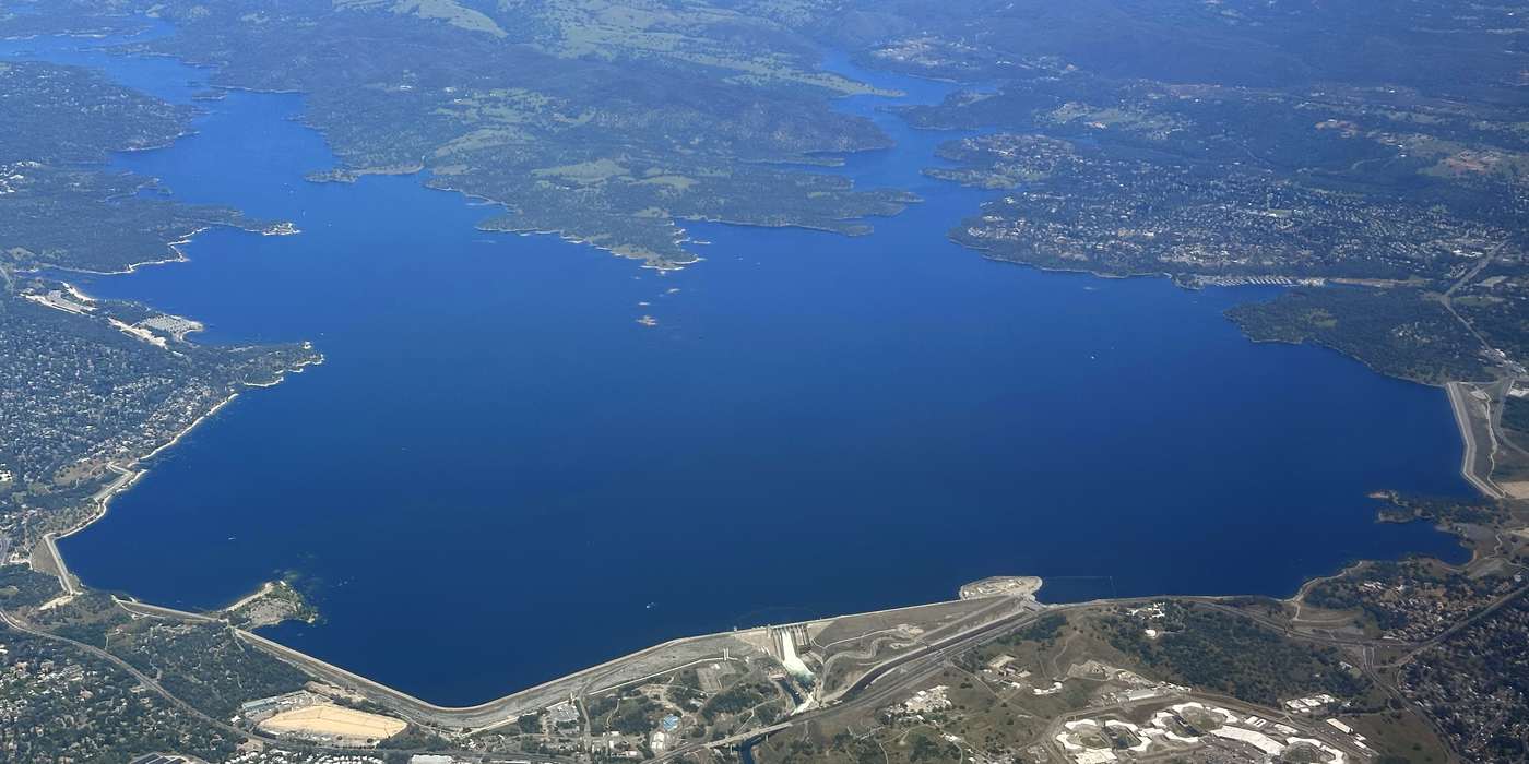 Aerial view of Folsom Lake and Folsom Dam