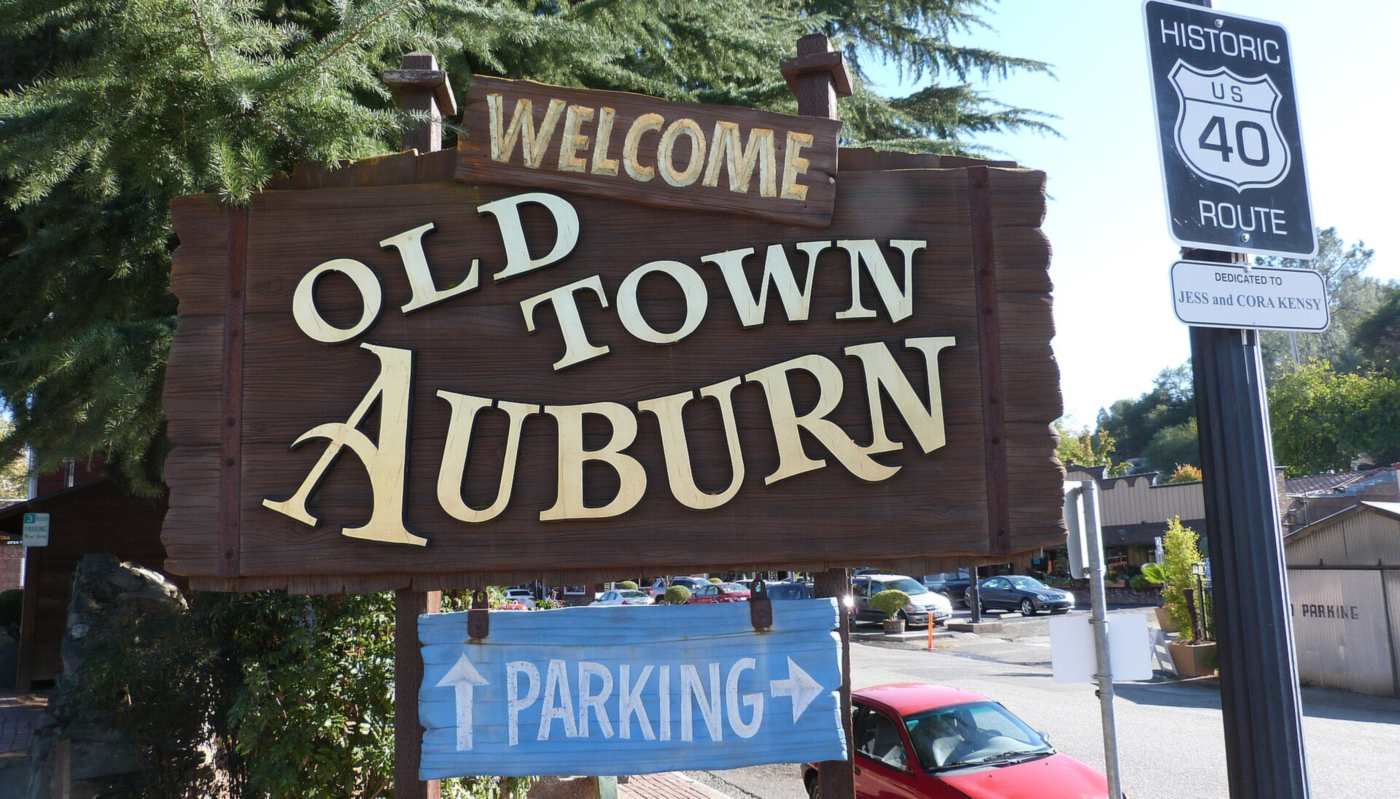 The Old Town Auburn sign on a fall day
