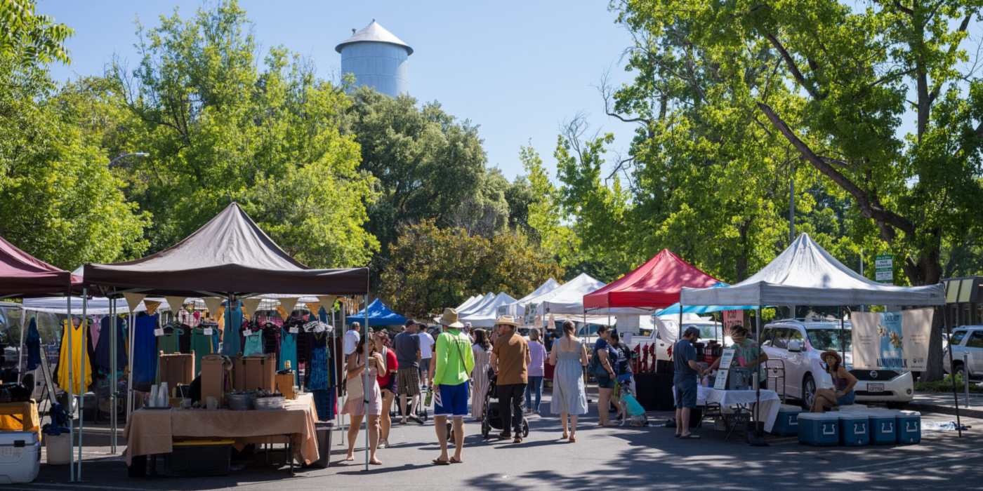 Shoppers and produce stands at the Saturday Chico farmers market