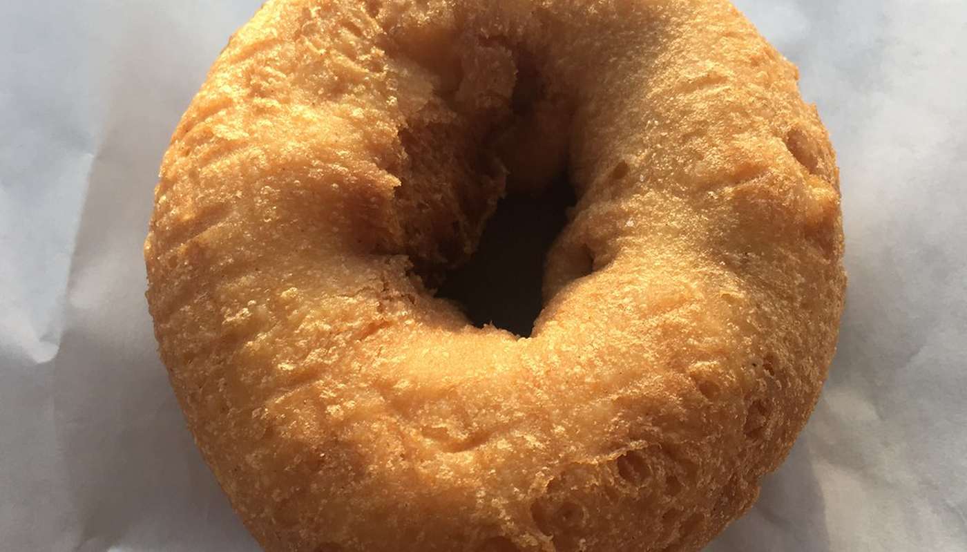 An apple cider donut from High Hill Ranch in Apple Hill