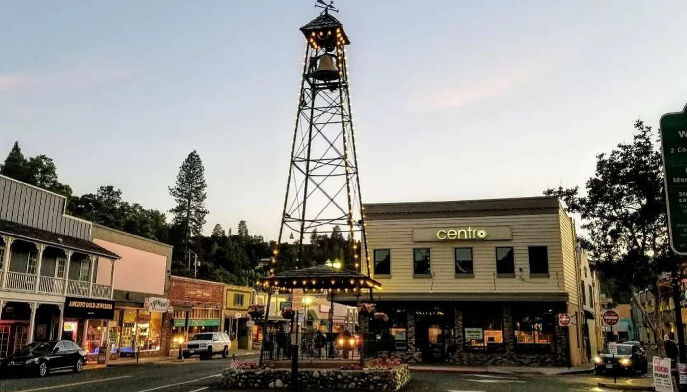 The Bell Tower on Main Street in downtown Placerville at dusk