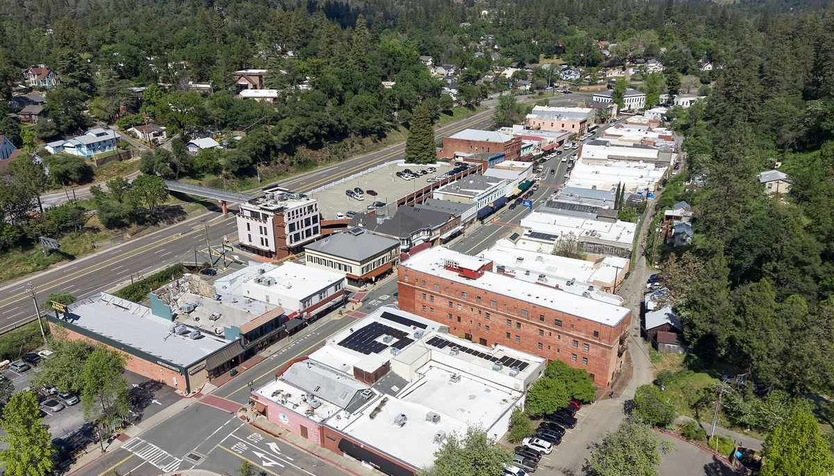 Aerial view of downtown Placerville and Hwy 50