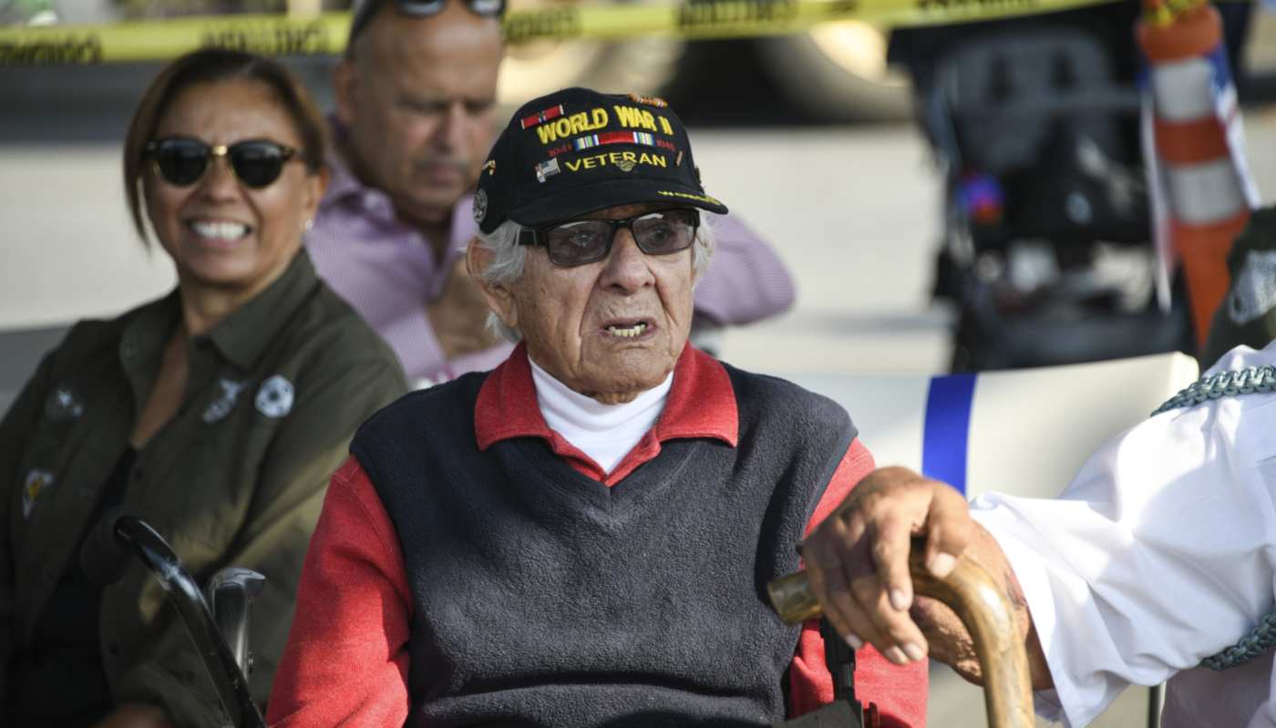 Veterans and neighbors at a Veterans Day ceremony in California